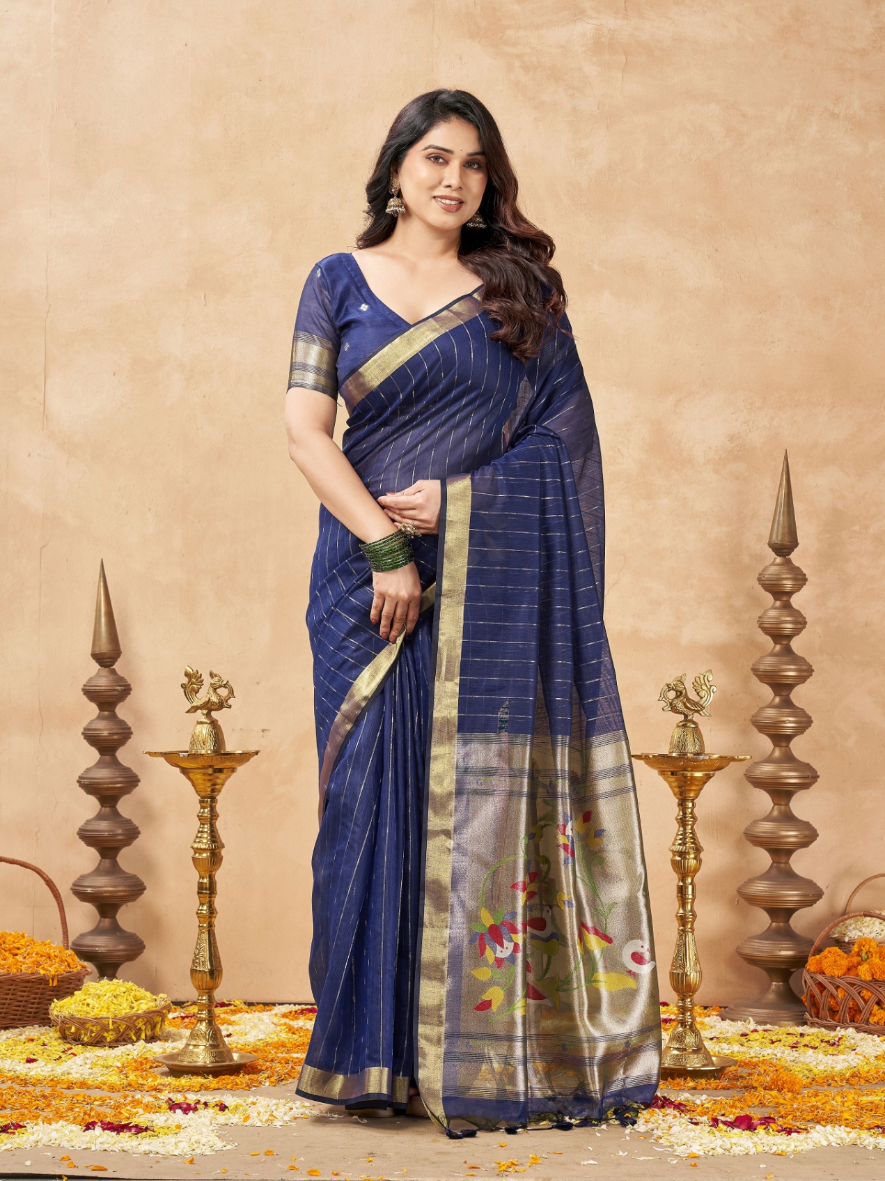 Blue Striped Weaving Zari Tissue Cotton Saree