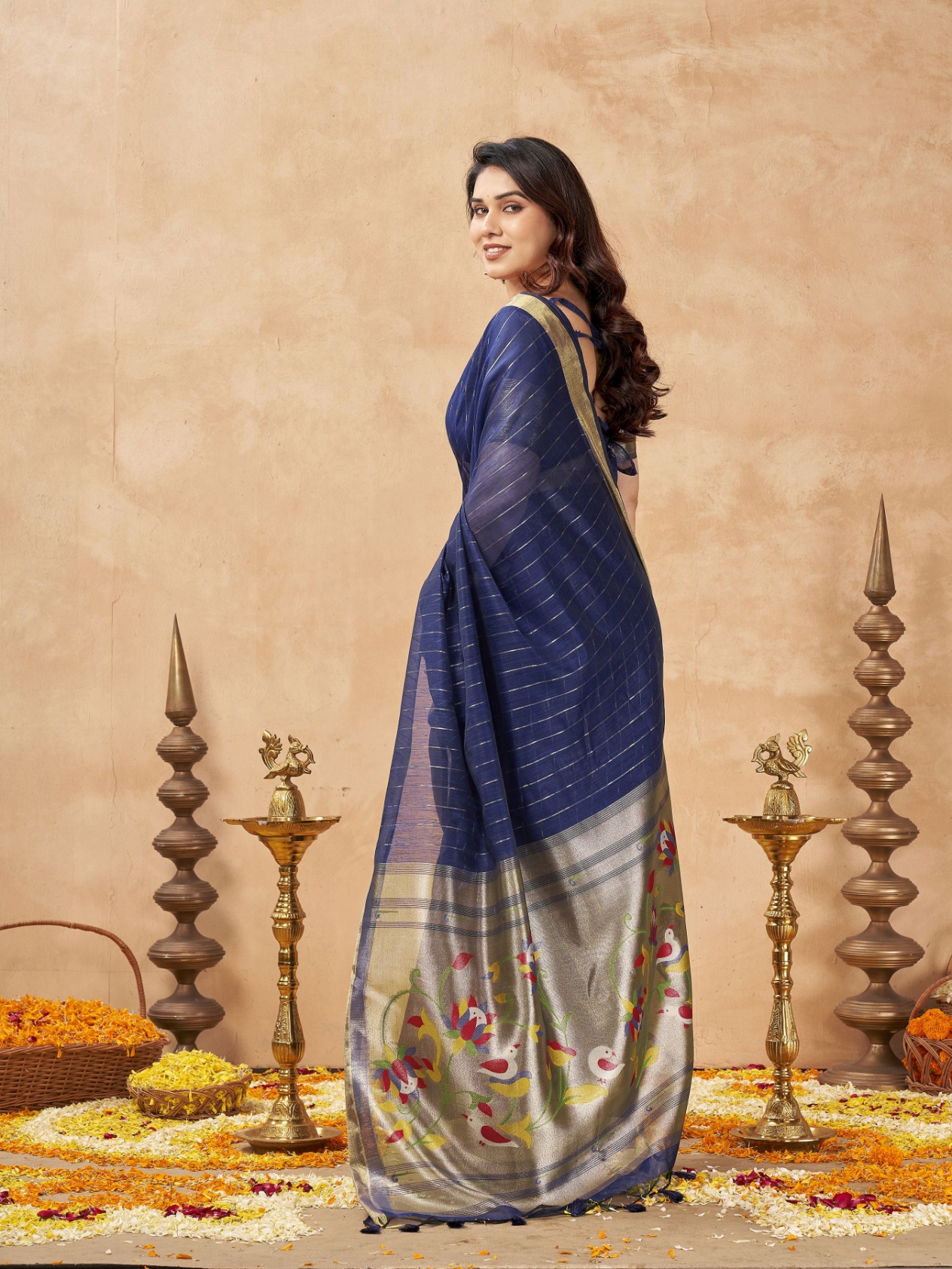 Blue Striped Weaving Zari Tissue Cotton Saree — alternate view
