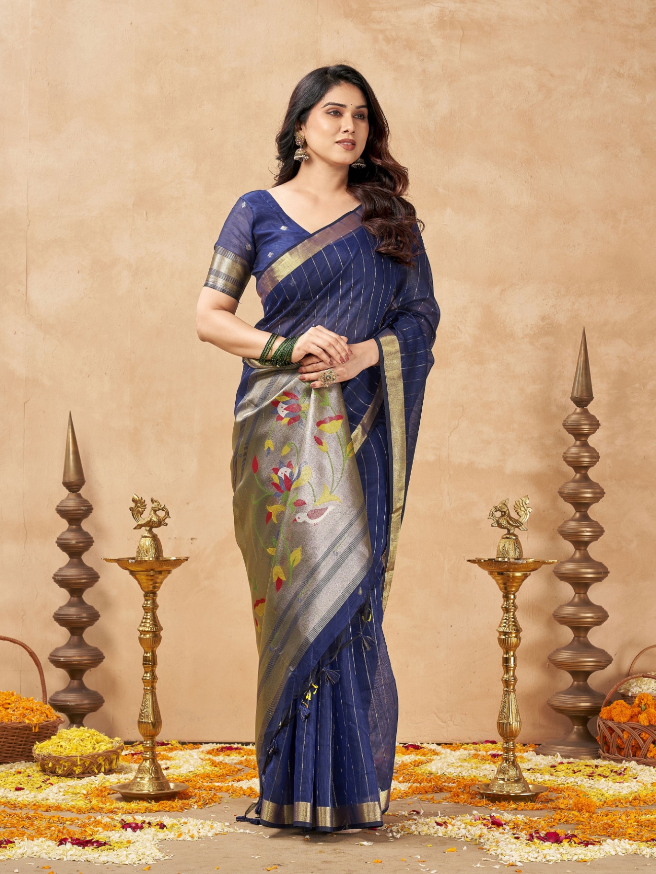Blue Striped Weaving Zari Tissue Cotton Saree