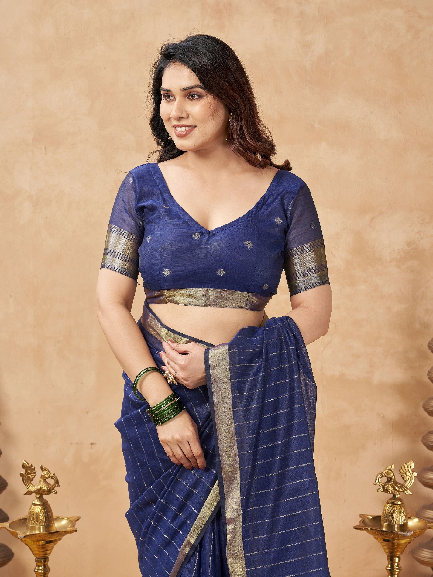Blue Striped Weaving Zari Tissue Cotton Saree
