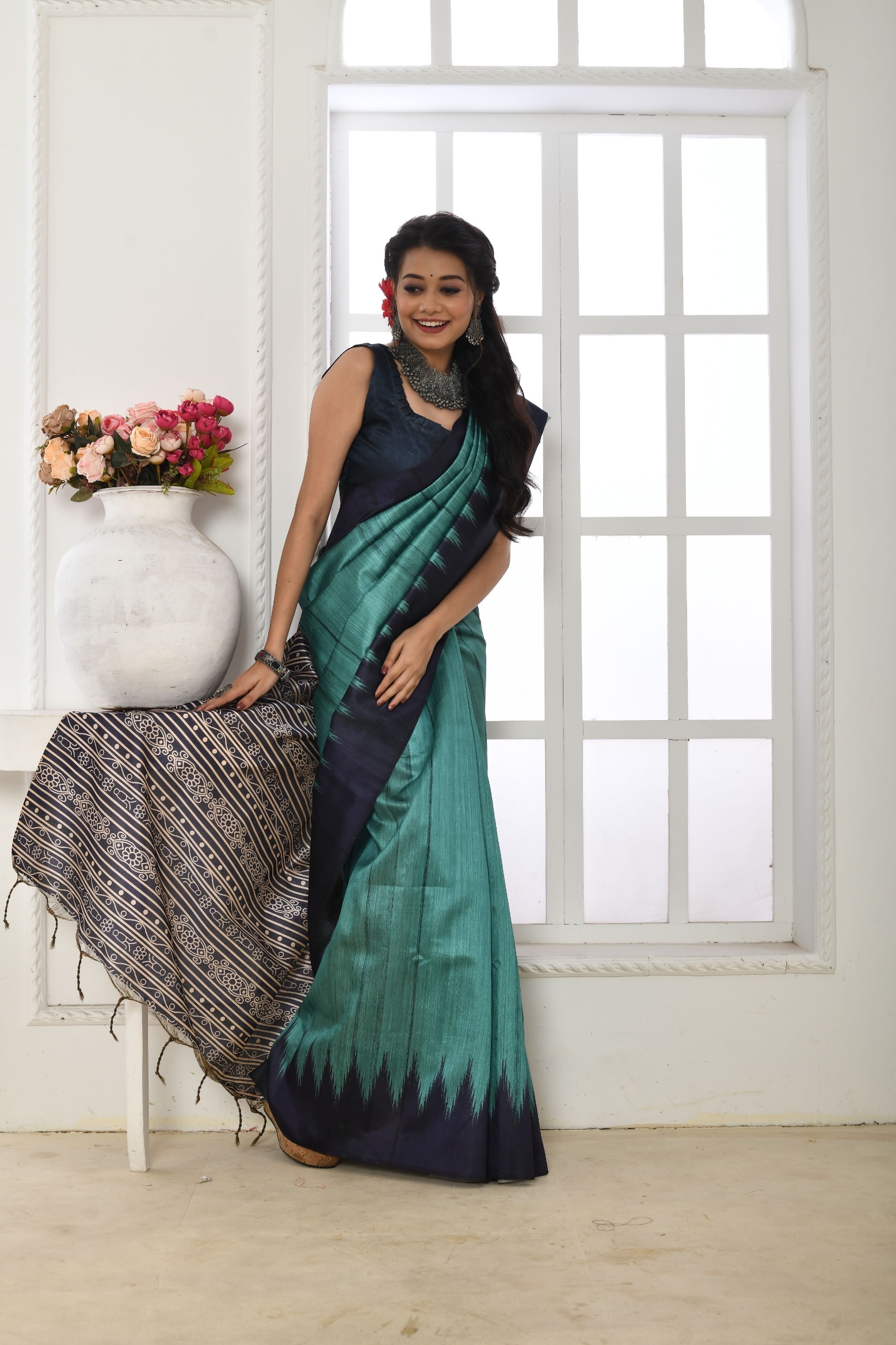 Blue Temple Printed Tussar Silk Saree