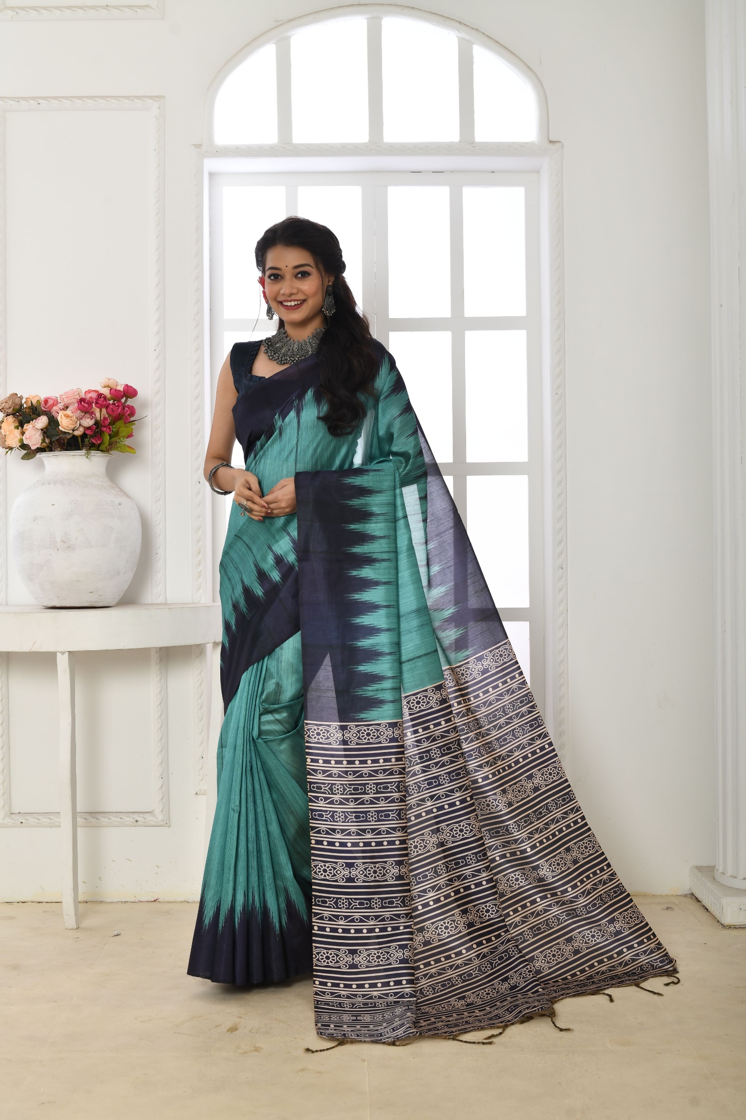 Blue Temple Printed Tussar Silk Saree