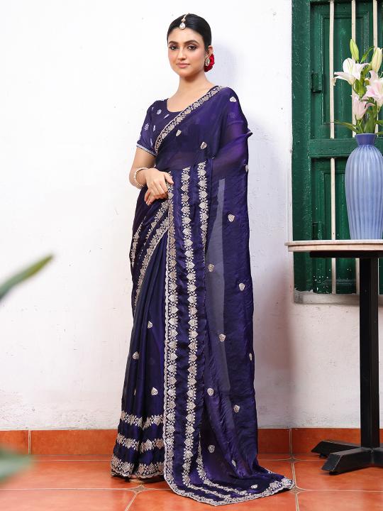 Blue Tissue Embroidery Work Saree