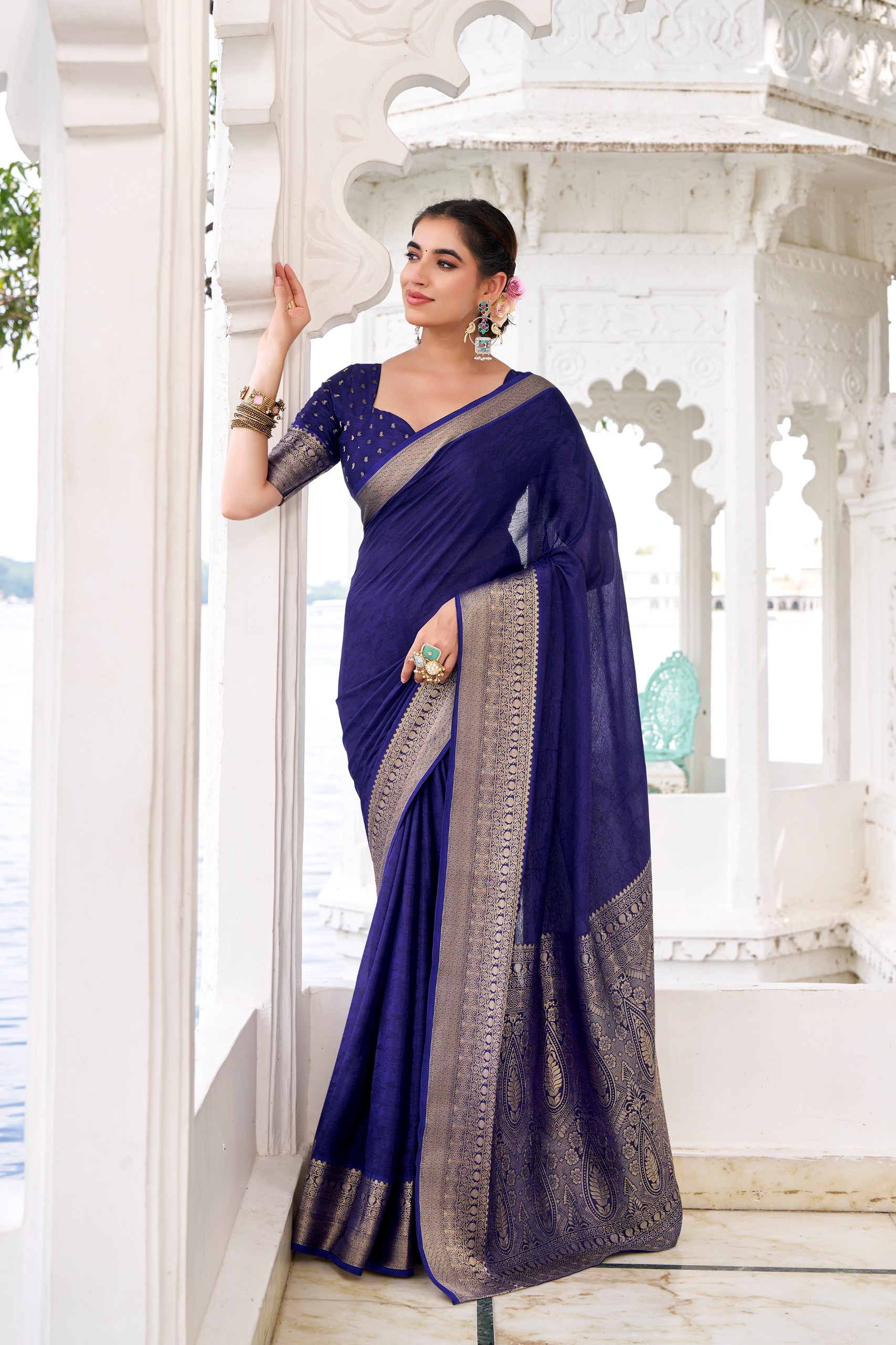Blue Traditional Weaving Zari Chinon Saree