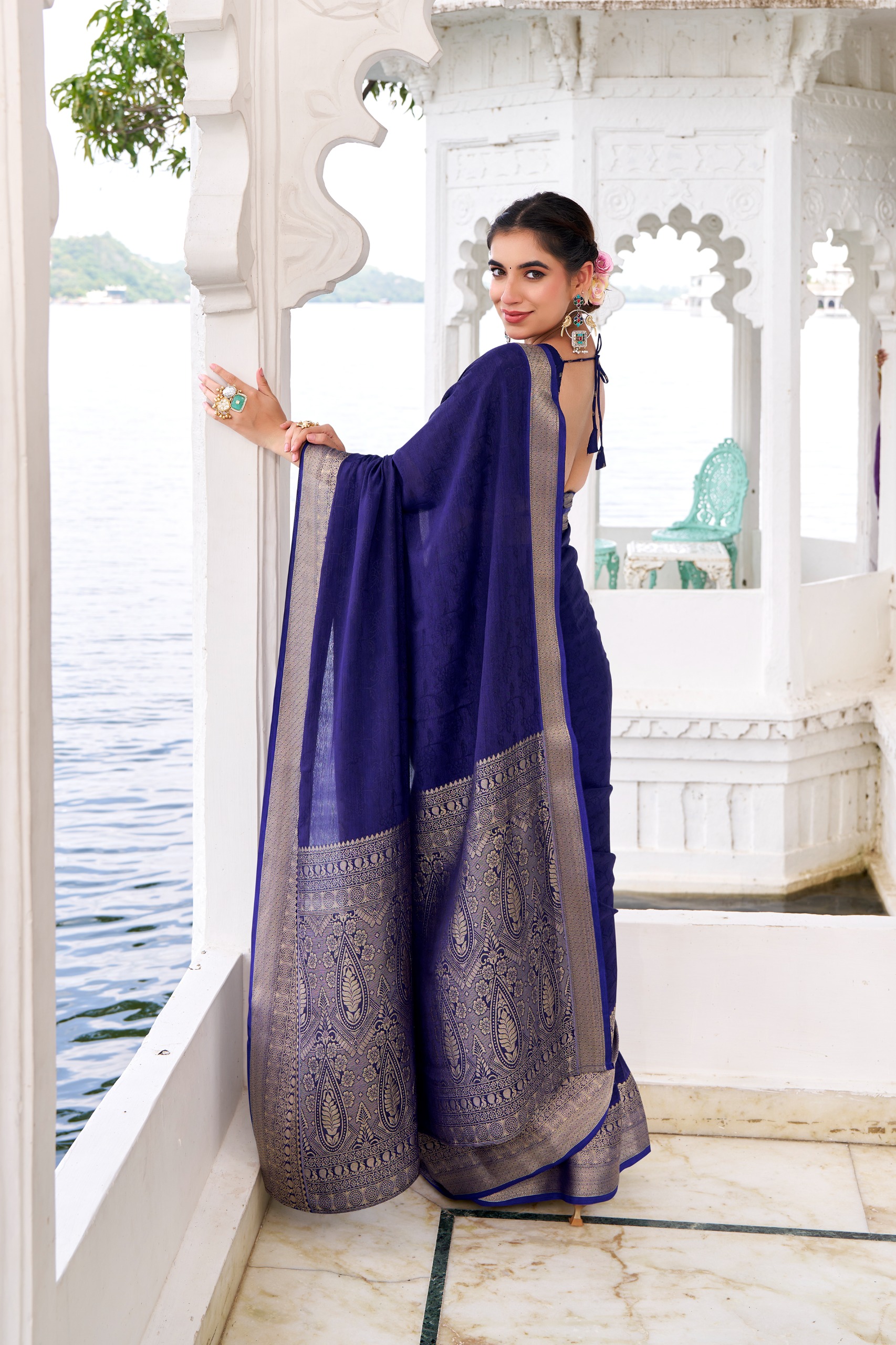Blue Traditional Weaving Zari Chinon Saree — alternate view