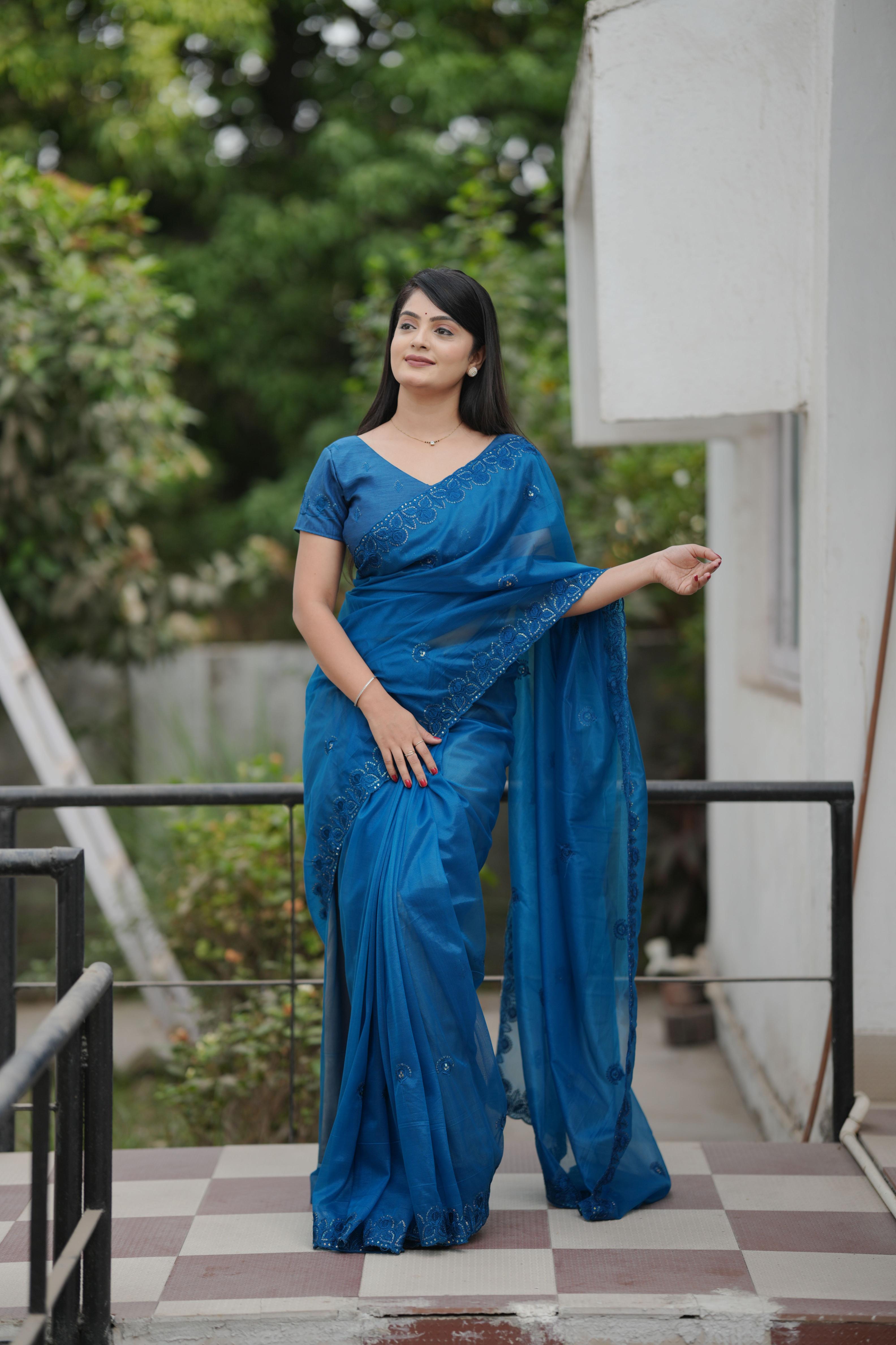 Blue Twill Net Saree