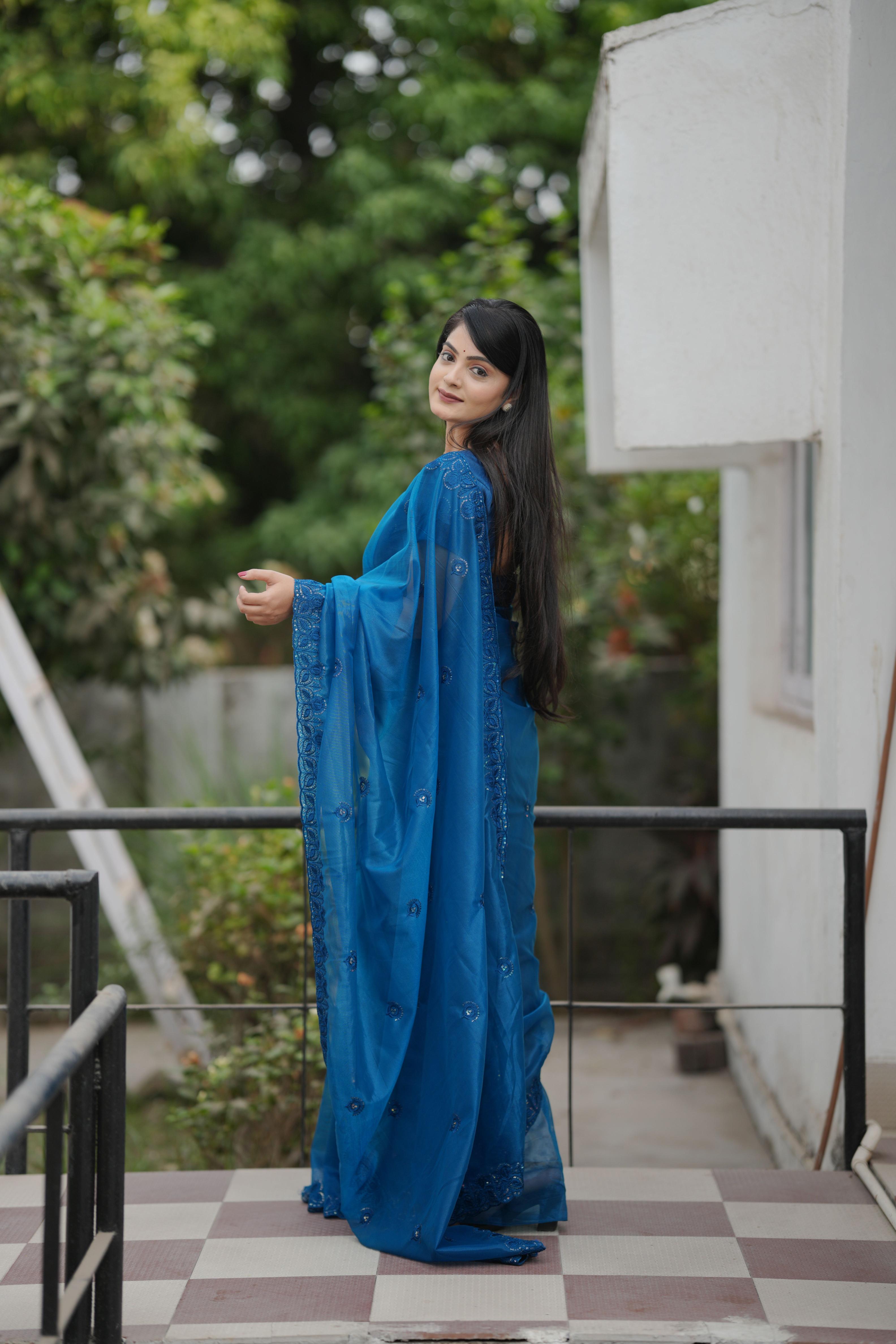 Blue Twill Net Saree — alternate view