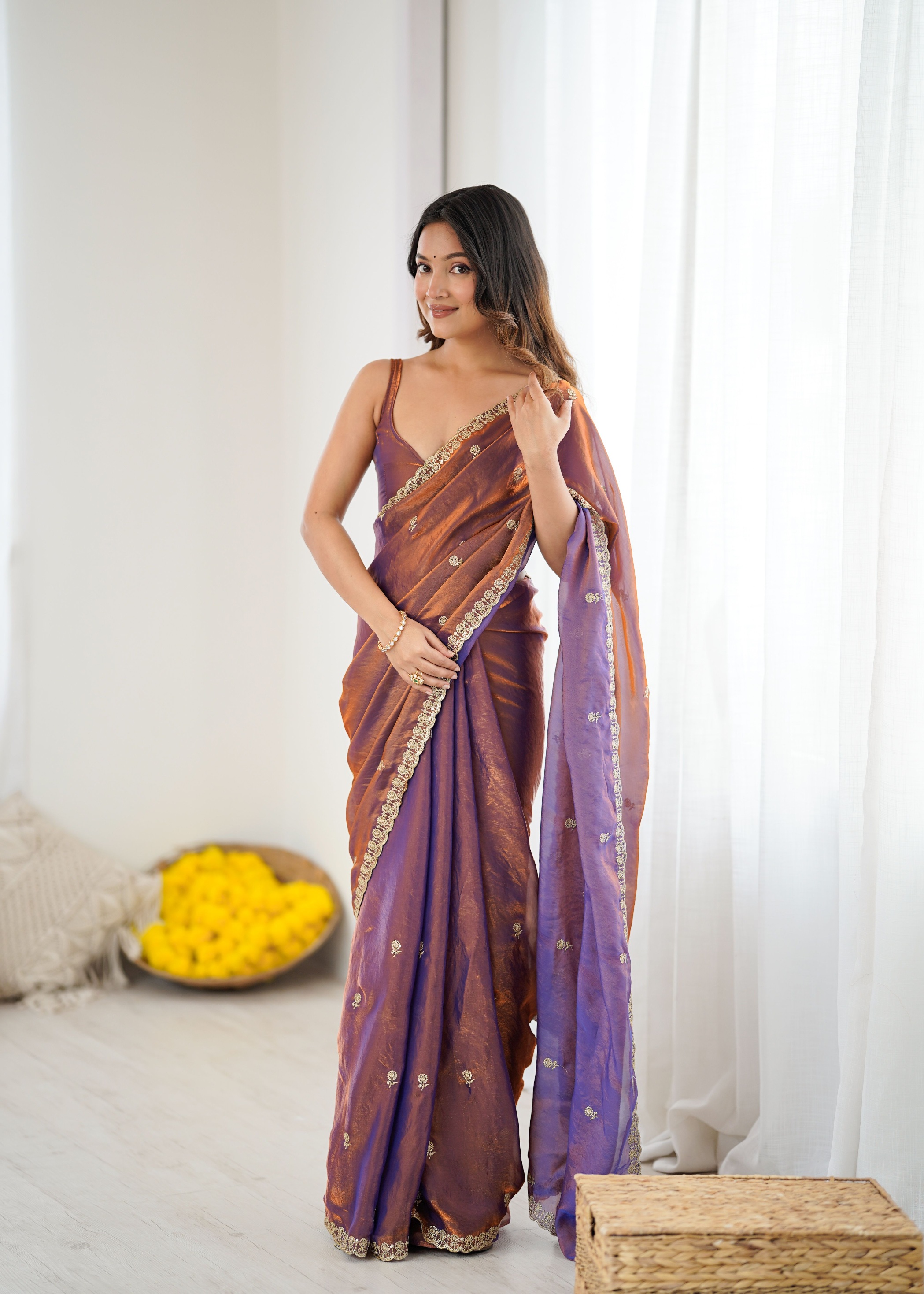 Blue Two Tone Embroidered Fendy Satin Saree