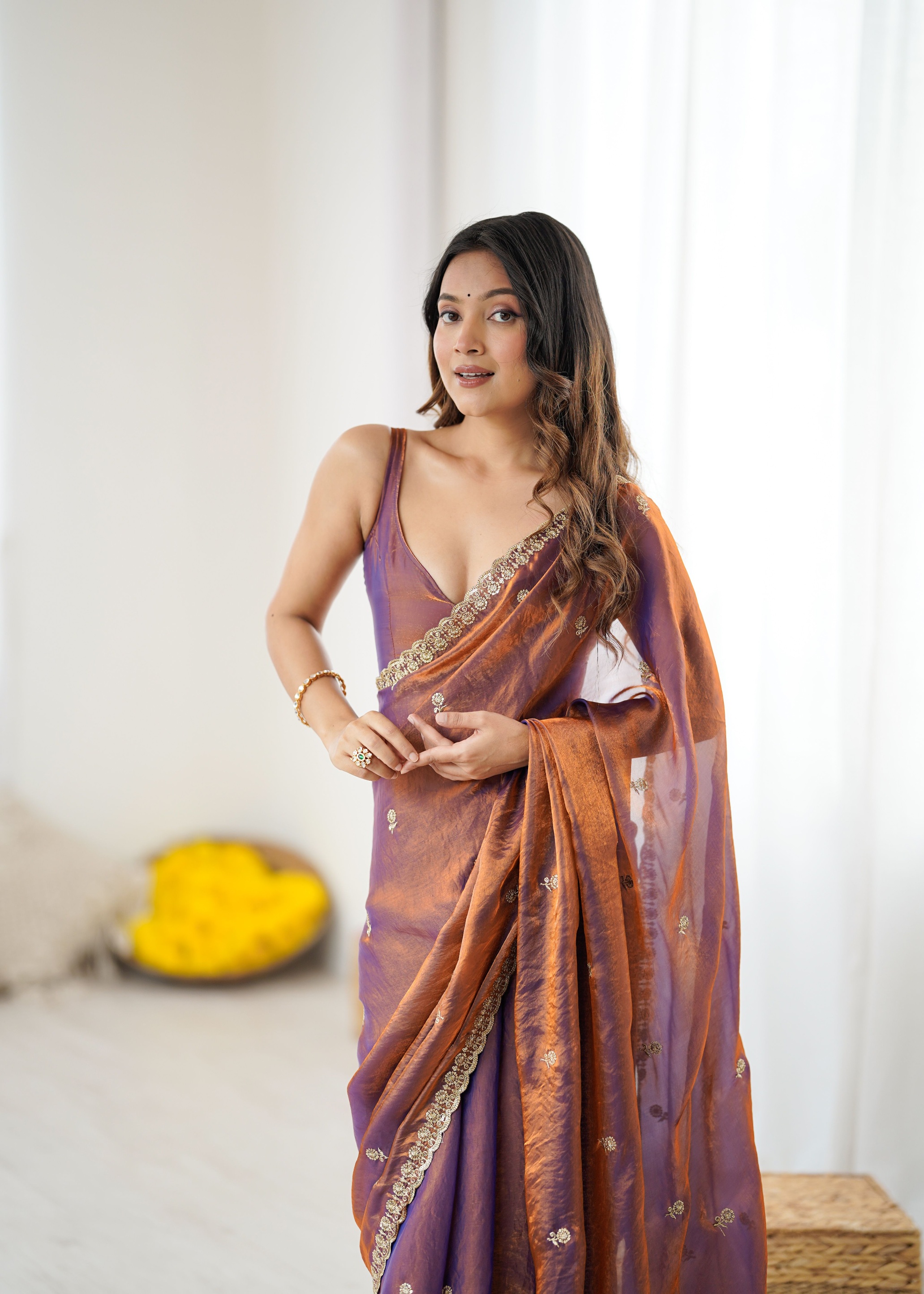 Blue Two Tone Embroidered Fendy Satin Saree