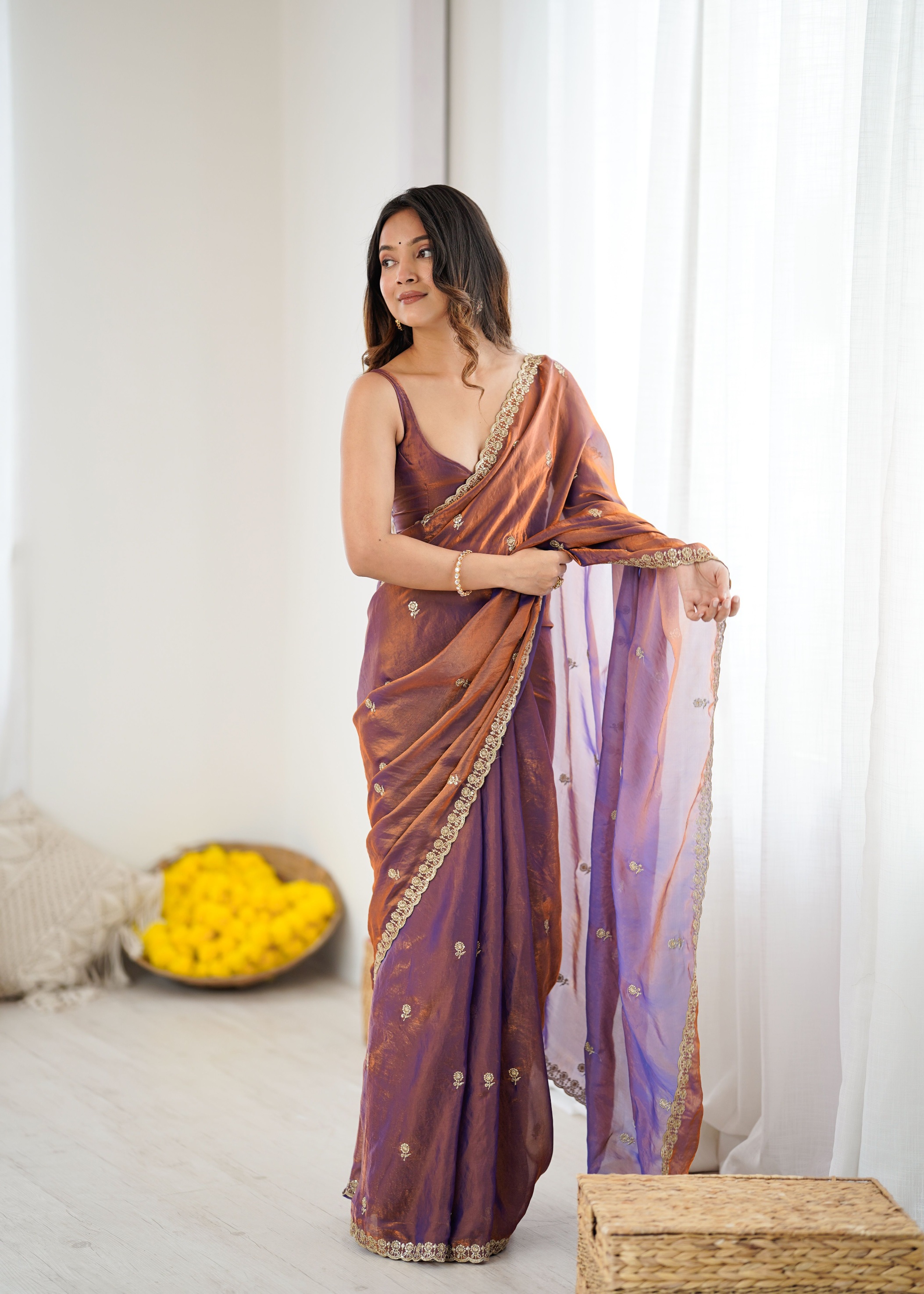 Blue Two Tone Embroidered Fendy Satin Saree