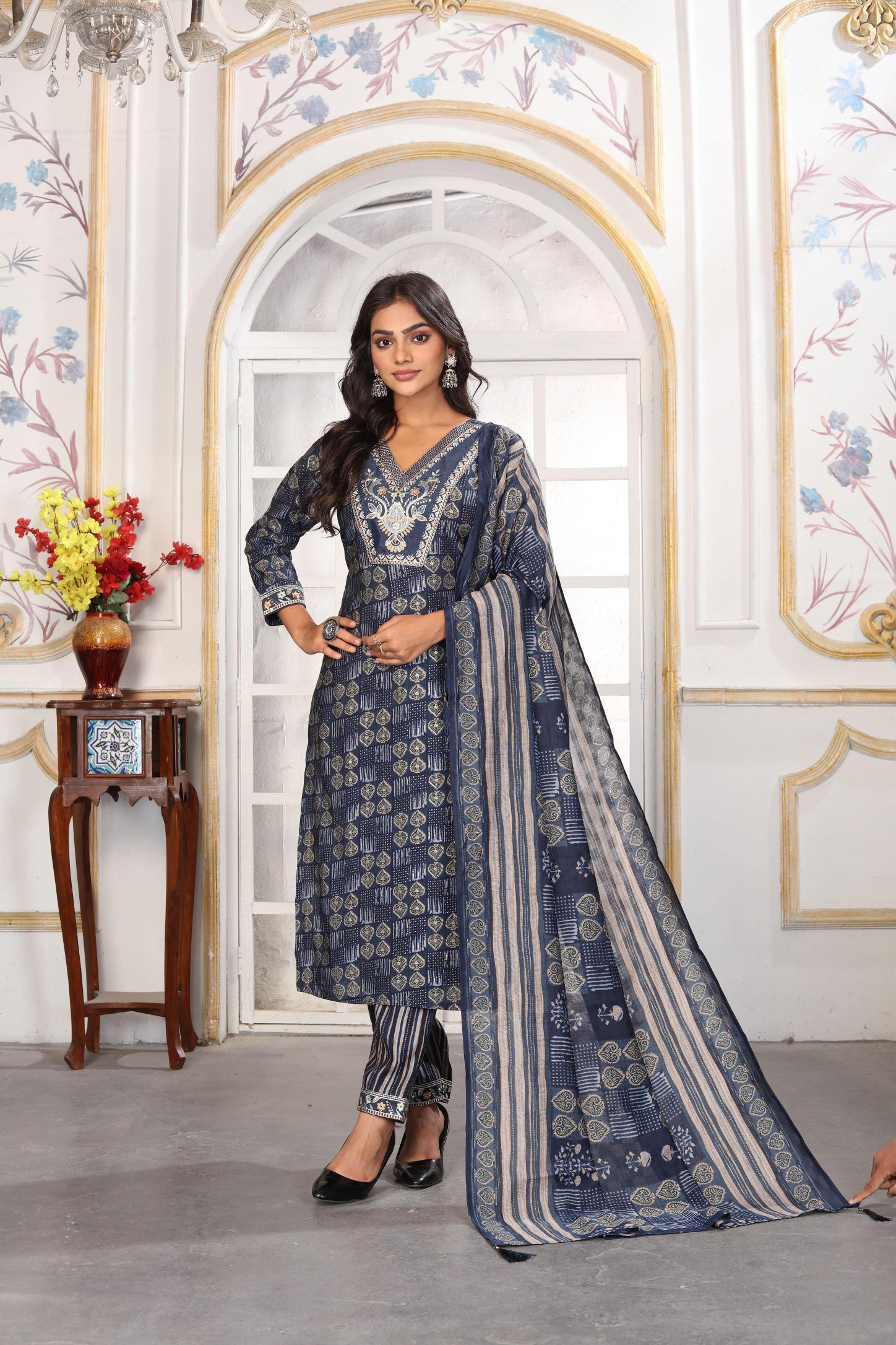 Blue V Neck Chanderi Readymade Suits