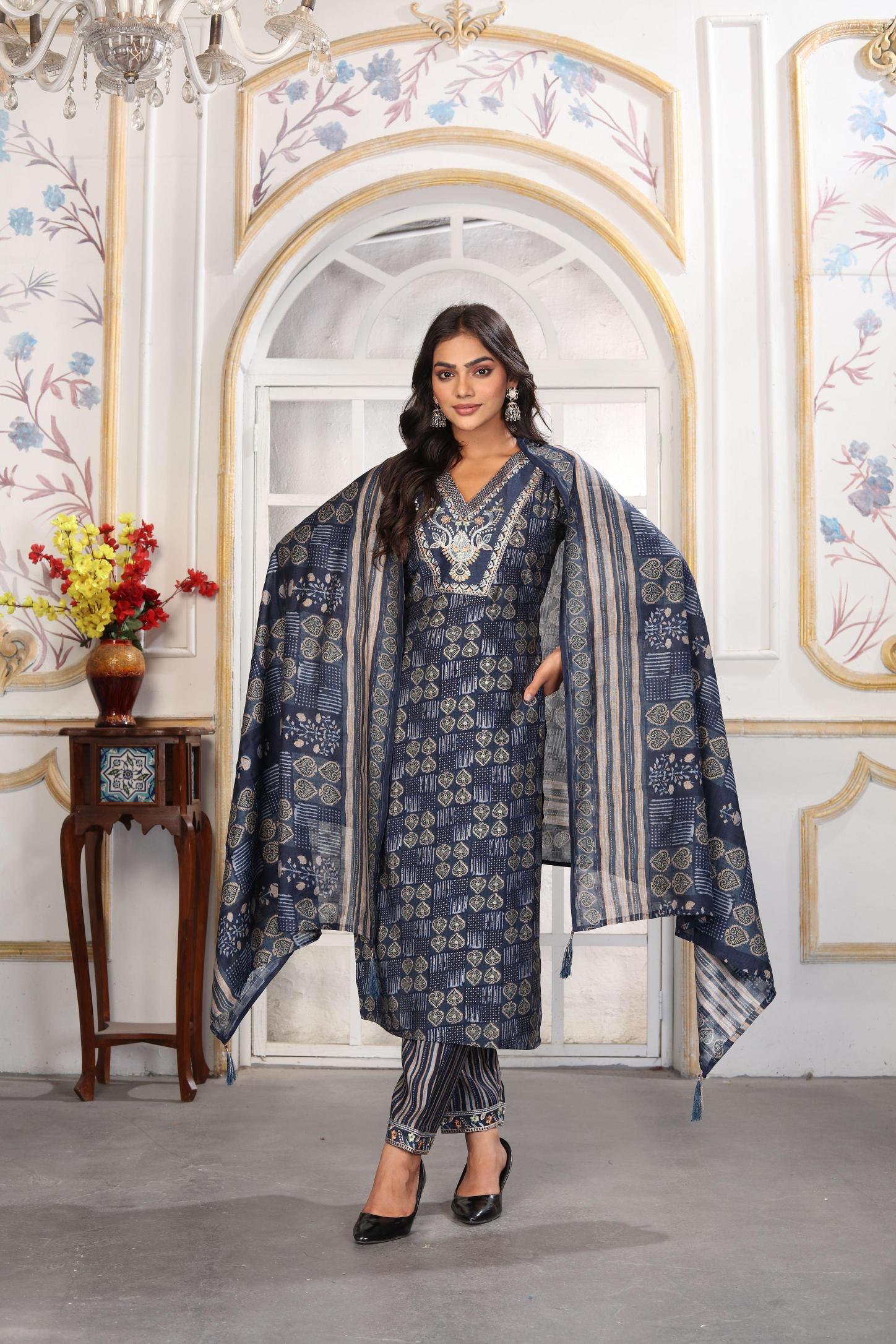 Blue V Neck Chanderi Readymade Suits