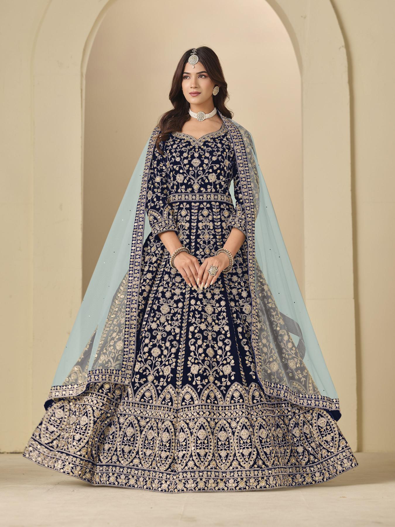 Blue Velvet Designer Embroidered Anarkali Suit
