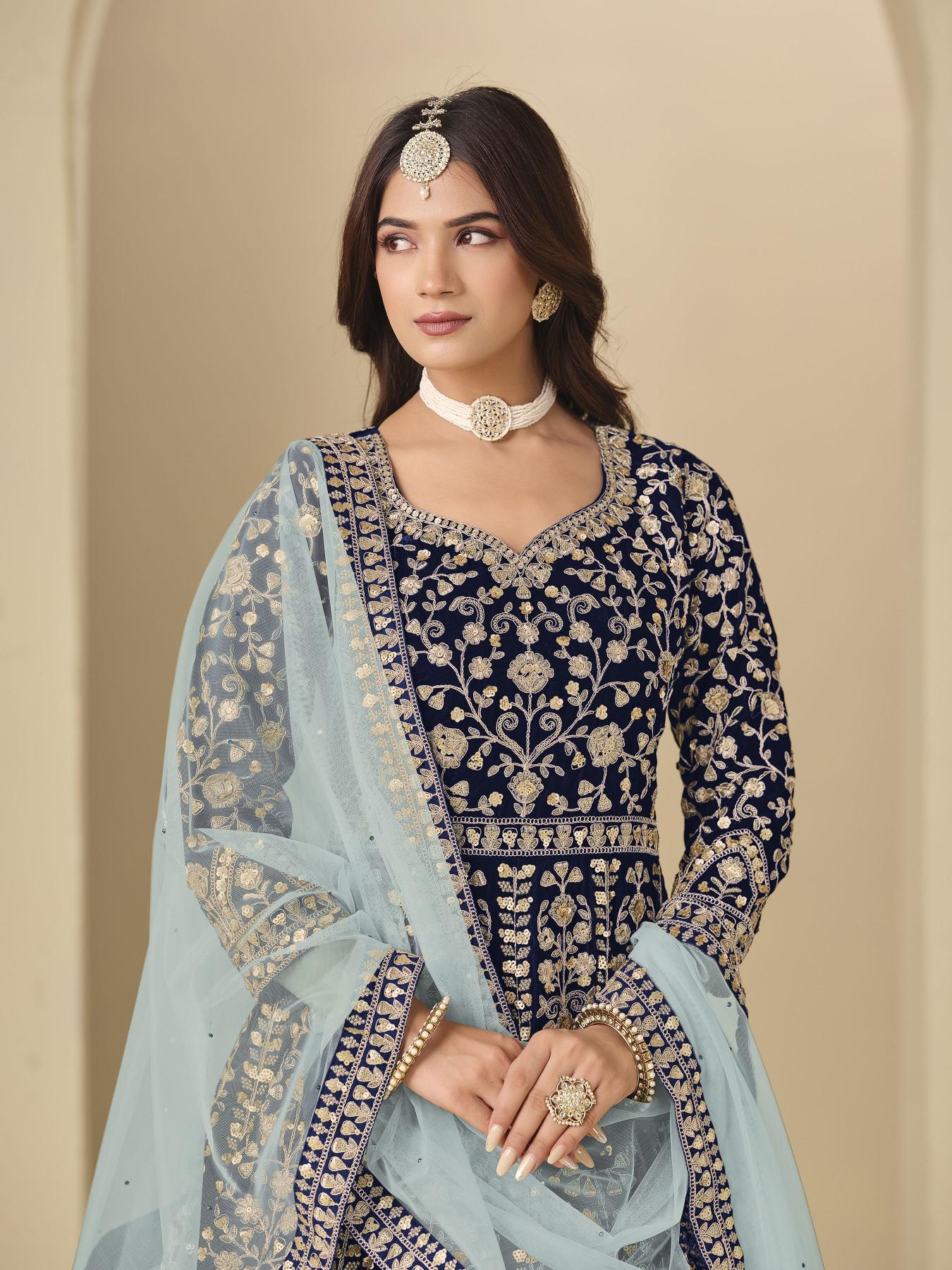 Blue Velvet Designer Embroidered Anarkali Suit