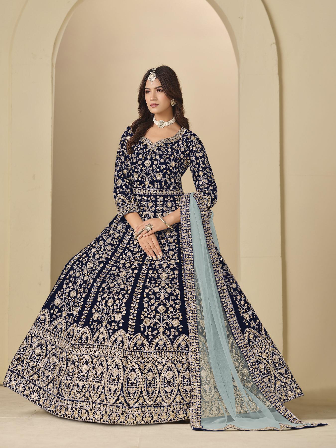 Blue Velvet Designer Embroidered Anarkali Suit