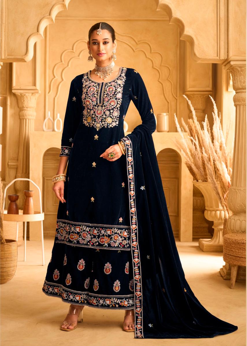 Blue Velvet Designer Embroidery Palazzo Suit