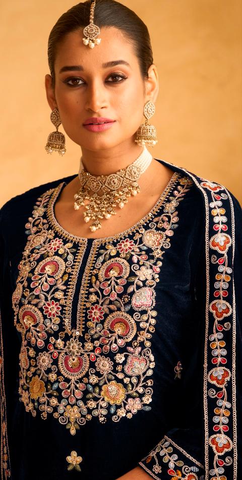 Blue Velvet Designer Embroidery Palazzo Suit — alternate view