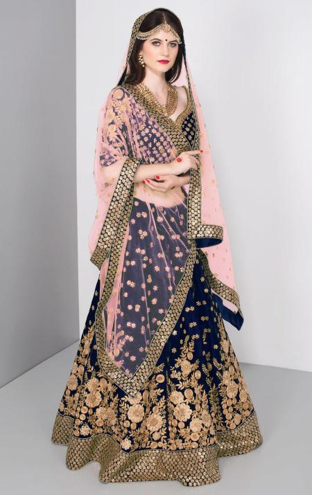 Blue Velvet Embroidered Bridal Lehenga Choli