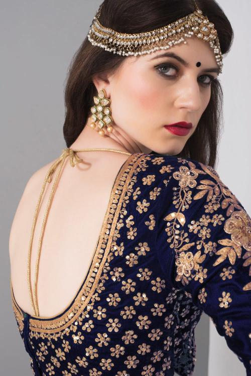 Blue Velvet Embroidered Bridal Lehenga Choli — alternate view