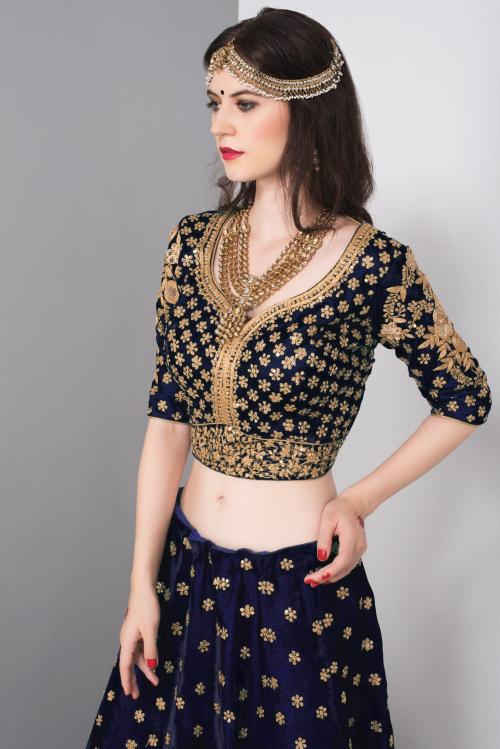 Blue Velvet Embroidered Bridal Lehenga Choli