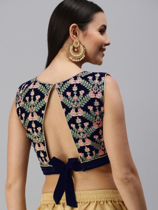 Blue Velvet Embroidered Readymade Blouse — alternate view
