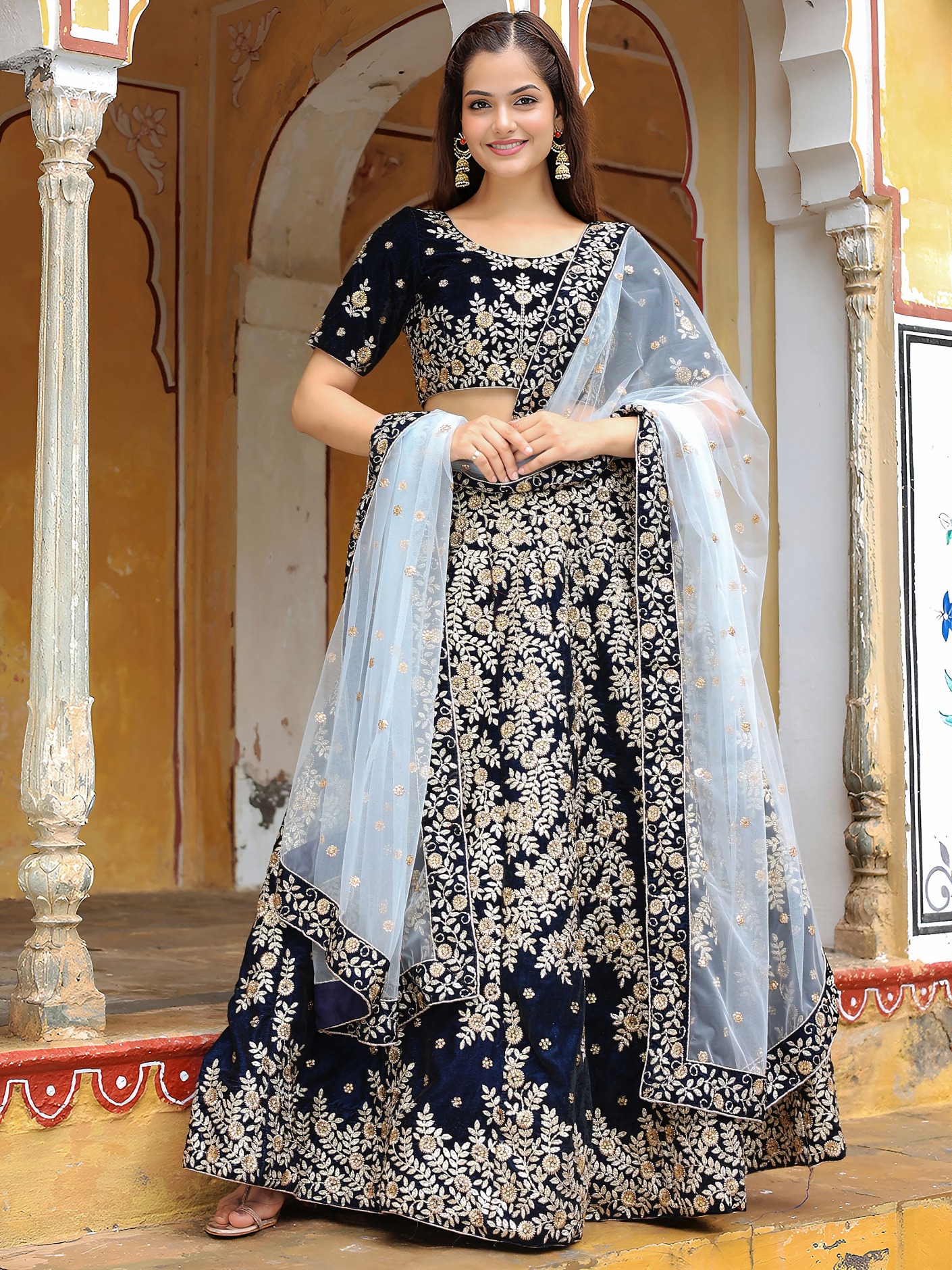 Blue Velvet Regal Embroidered Flared Lehenga Choli