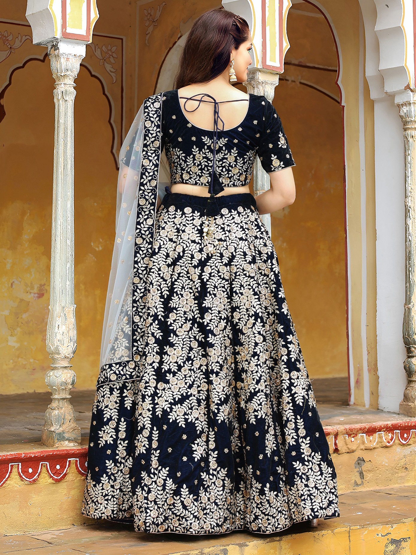 Blue Velvet Regal Embroidered Flared Lehenga Choli — alternate view