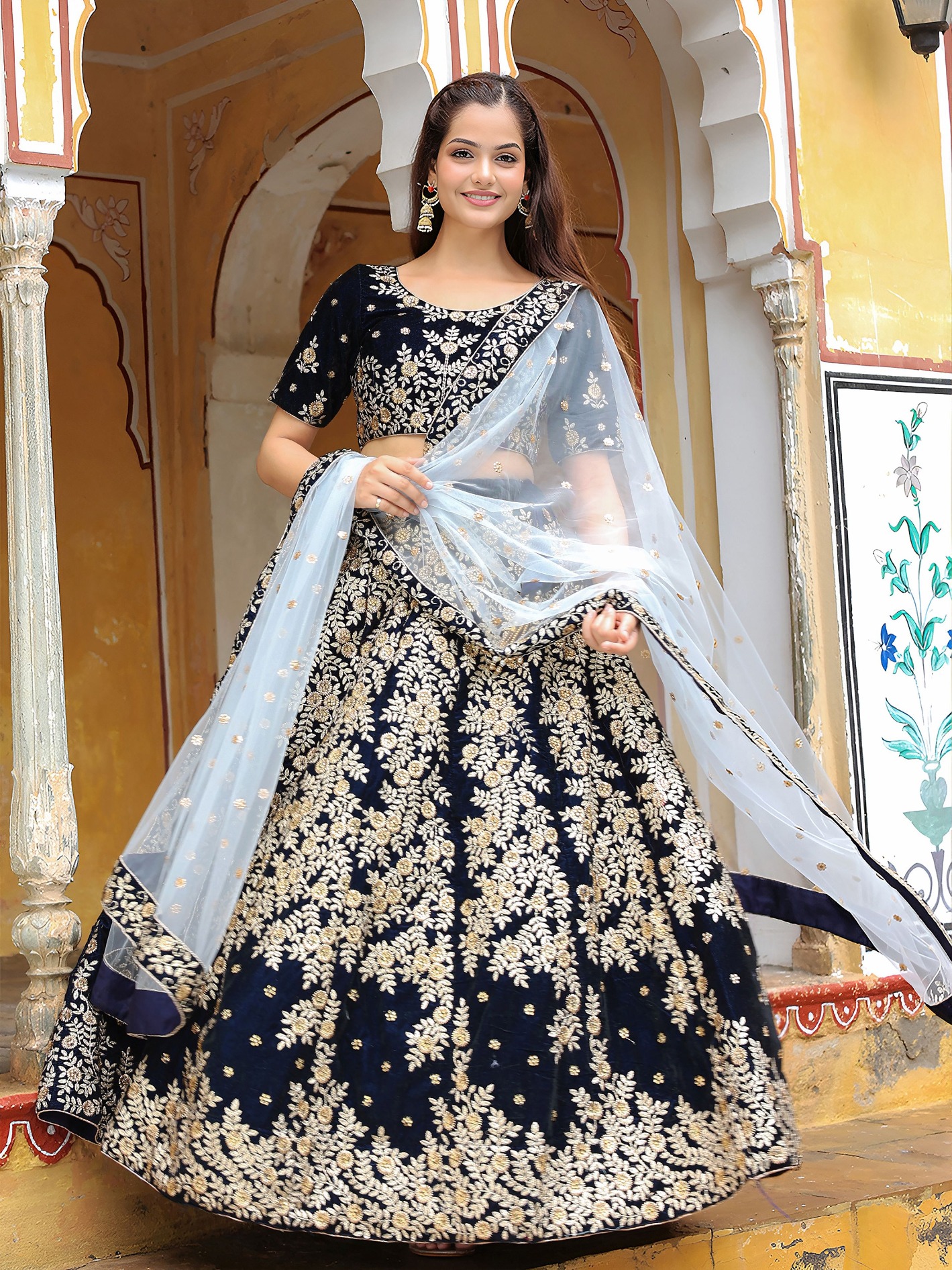 Blue Velvet Regal Embroidered Flared Lehenga Choli