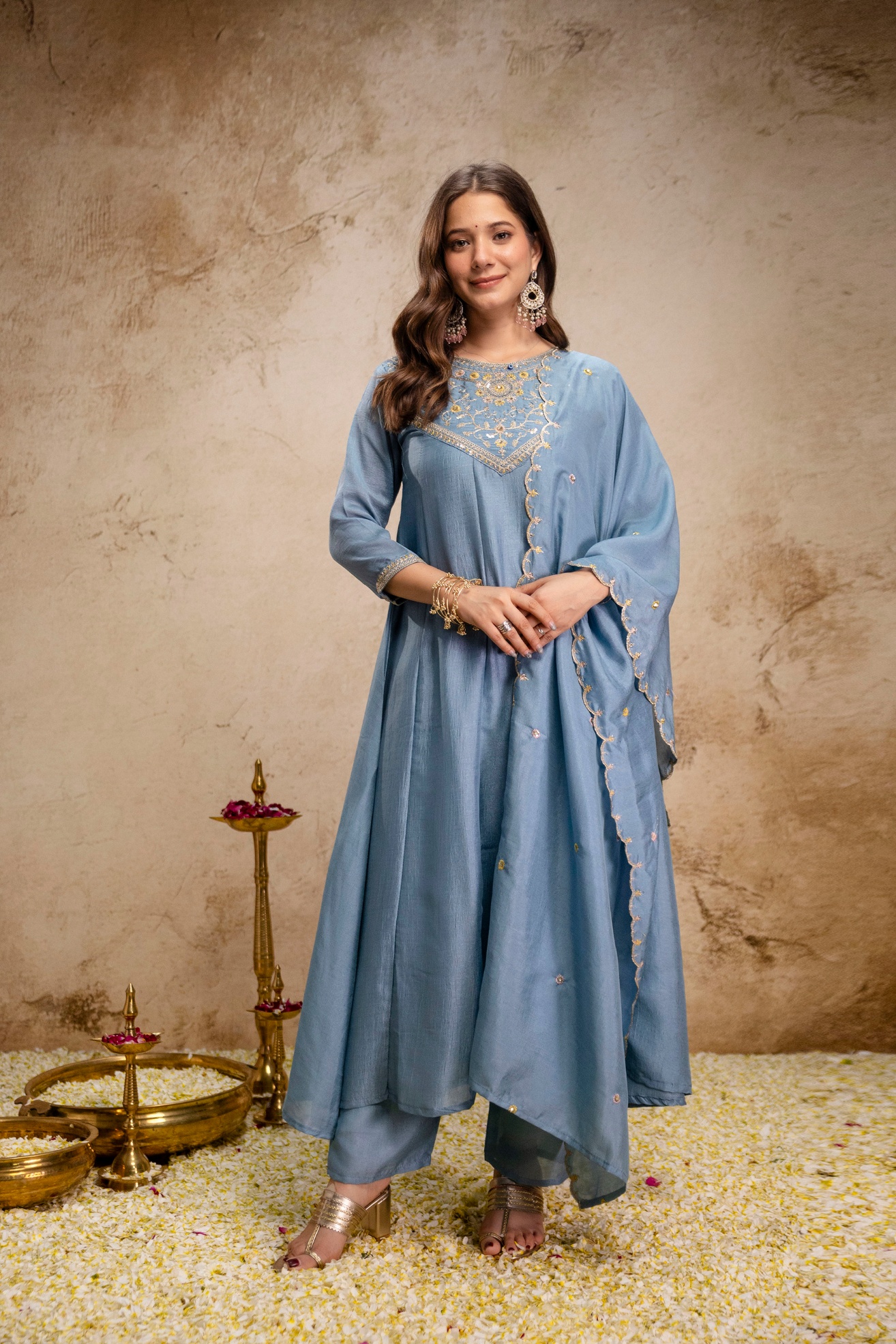 Blue Vichitra Silk Embroidered Kurta Set