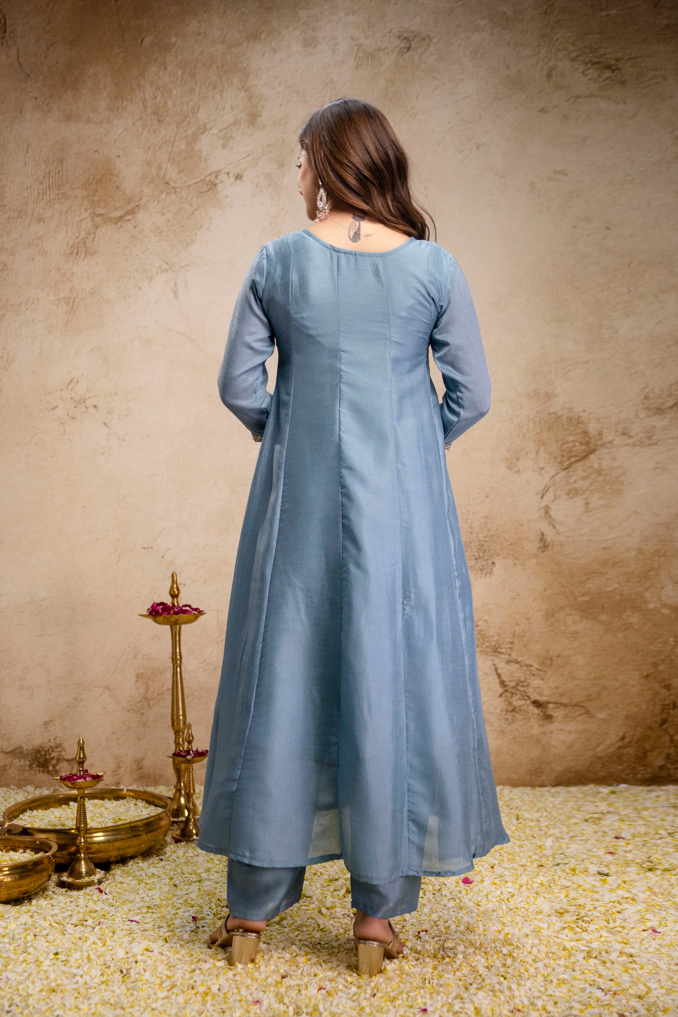 Blue Vichitra Silk Embroidered Kurta Set — alternate view
