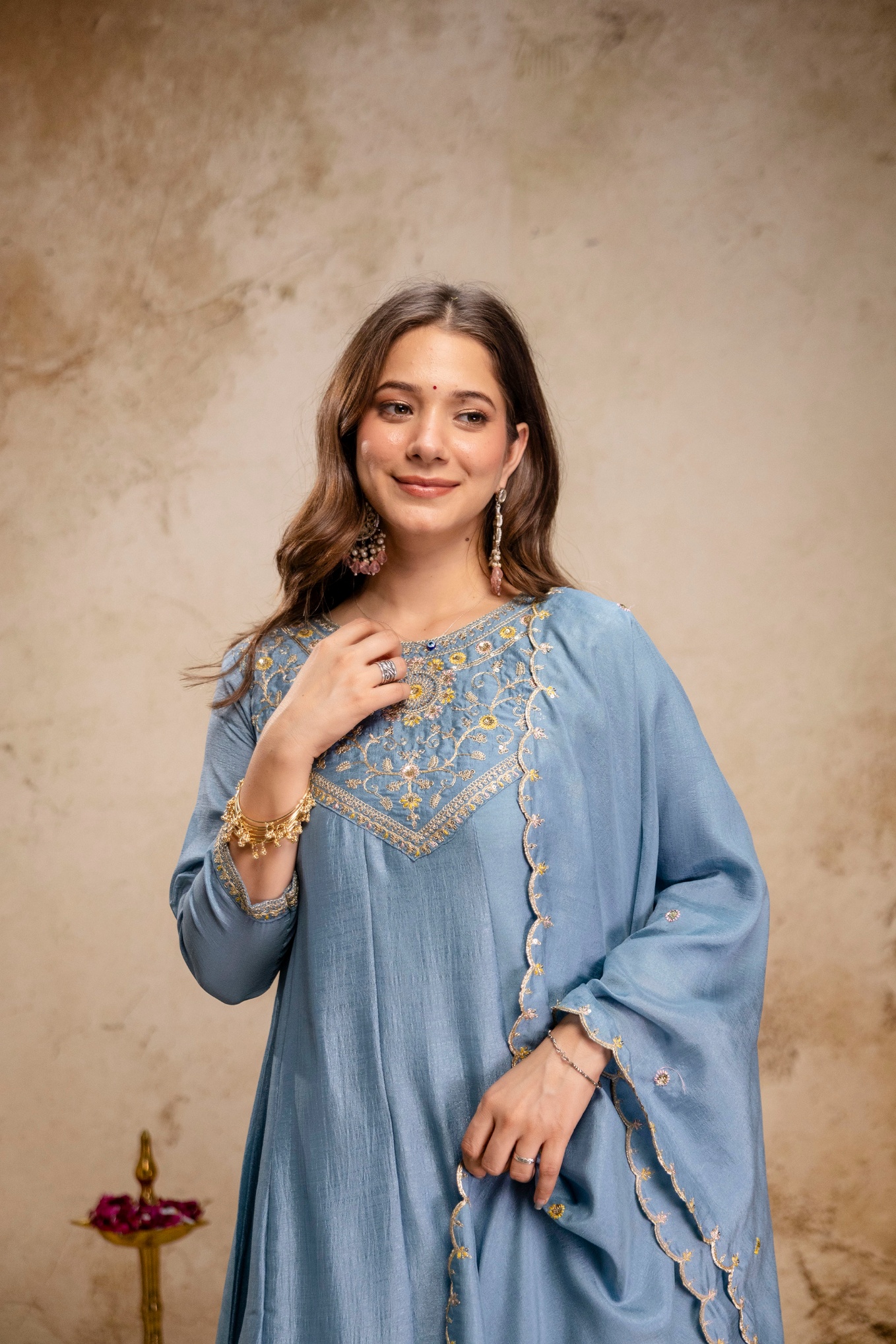 Blue Vichitra Silk Embroidered Kurta Set