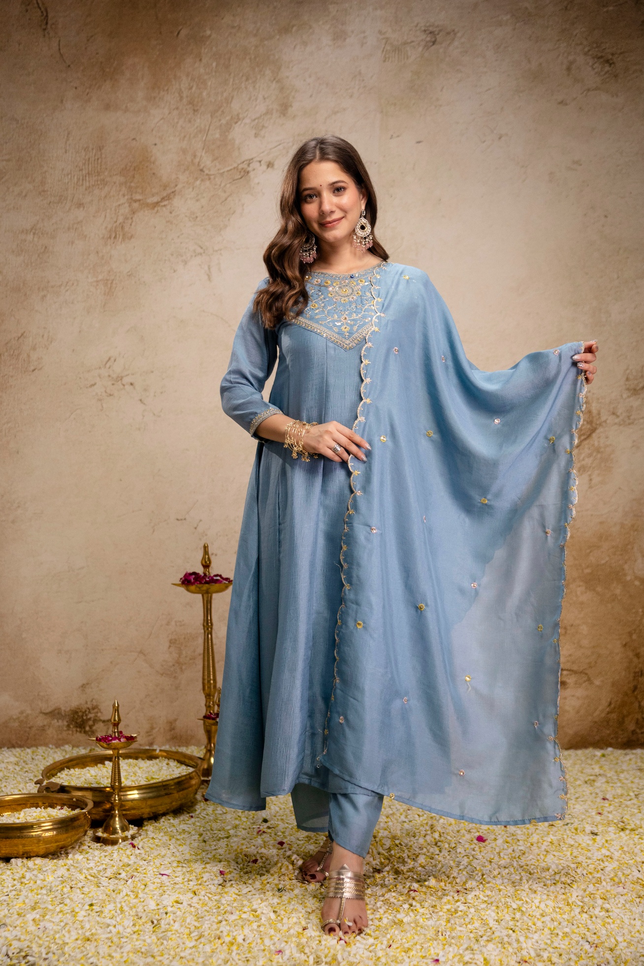 Blue Vichitra Silk Embroidered Kurta Set