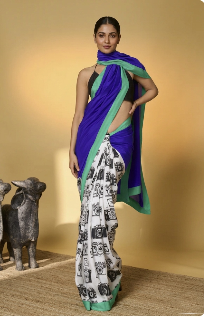 Blue Vintage Camera Print Satin Ready-to-Wear Saree