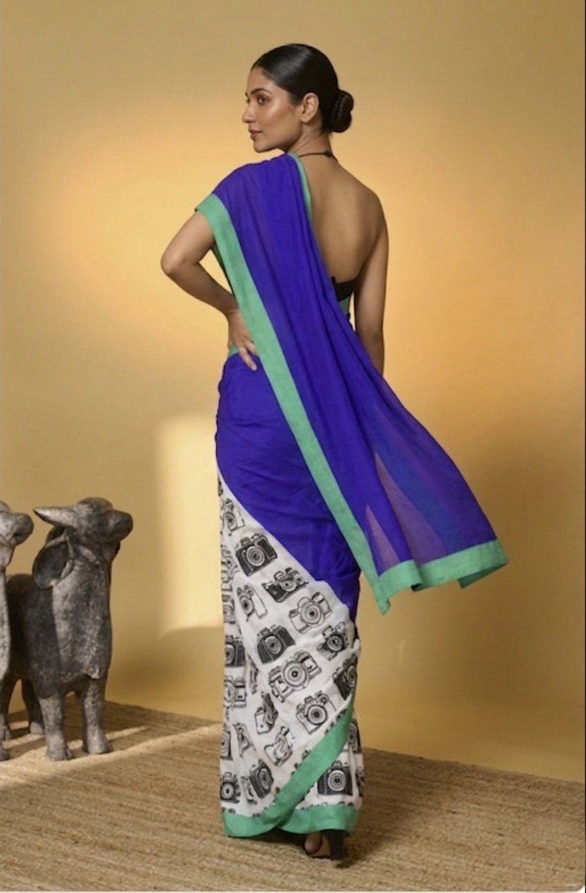 Blue Vintage Camera Print Satin Ready-to-Wear Saree — alternate view