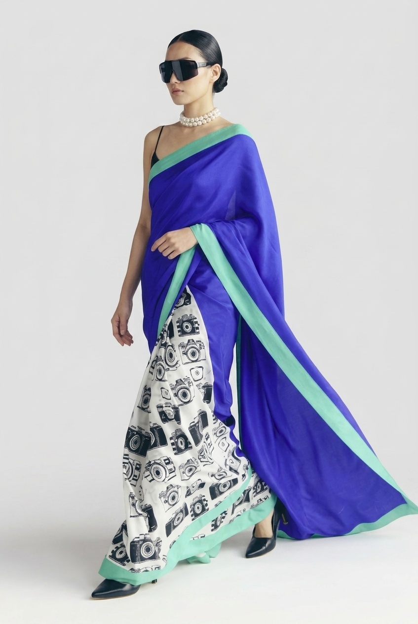 Blue Vintage Camera Print Satin Ready-to-Wear Saree