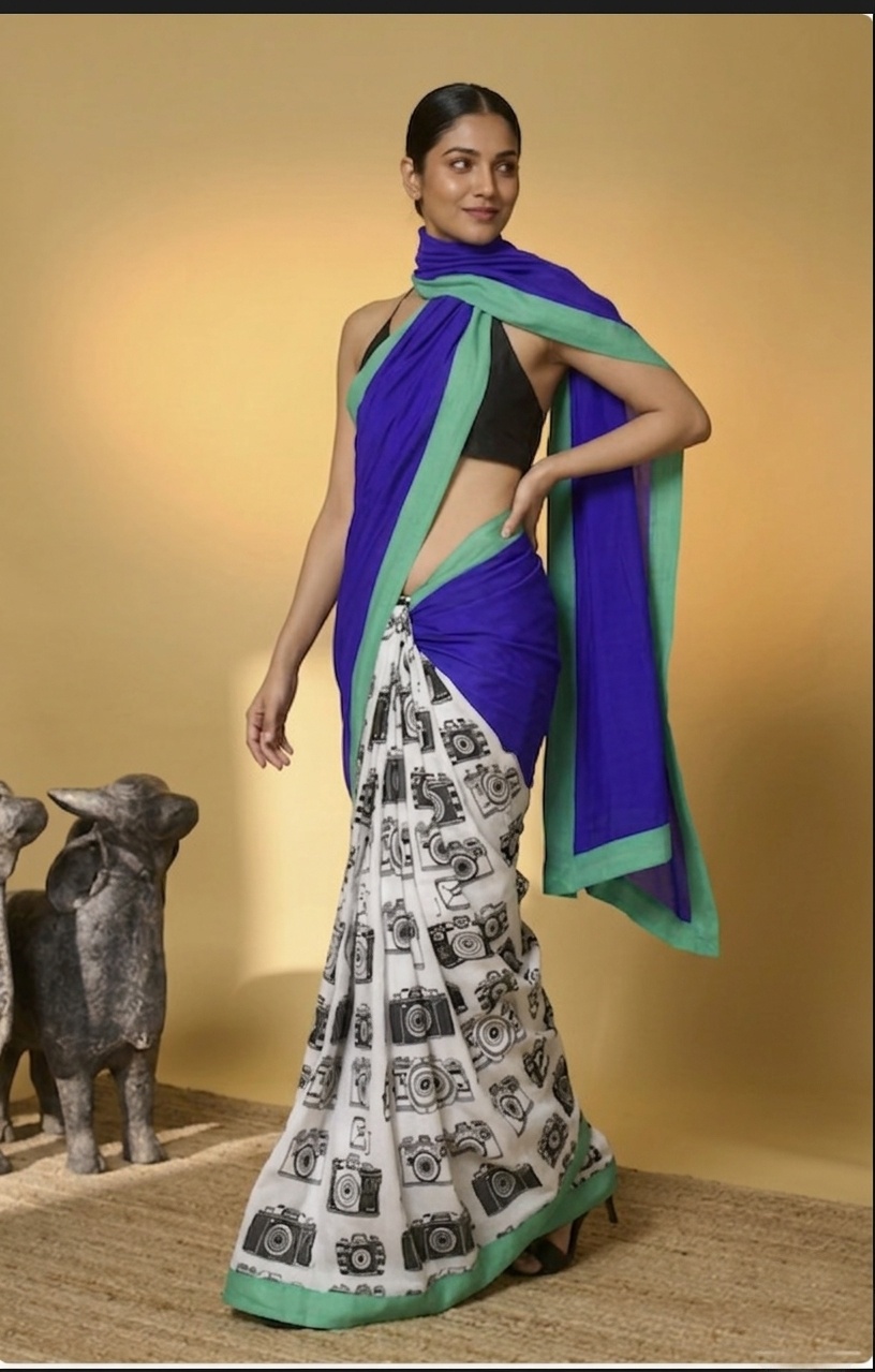 Blue Vintage Camera Print Satin Ready-to-Wear Saree