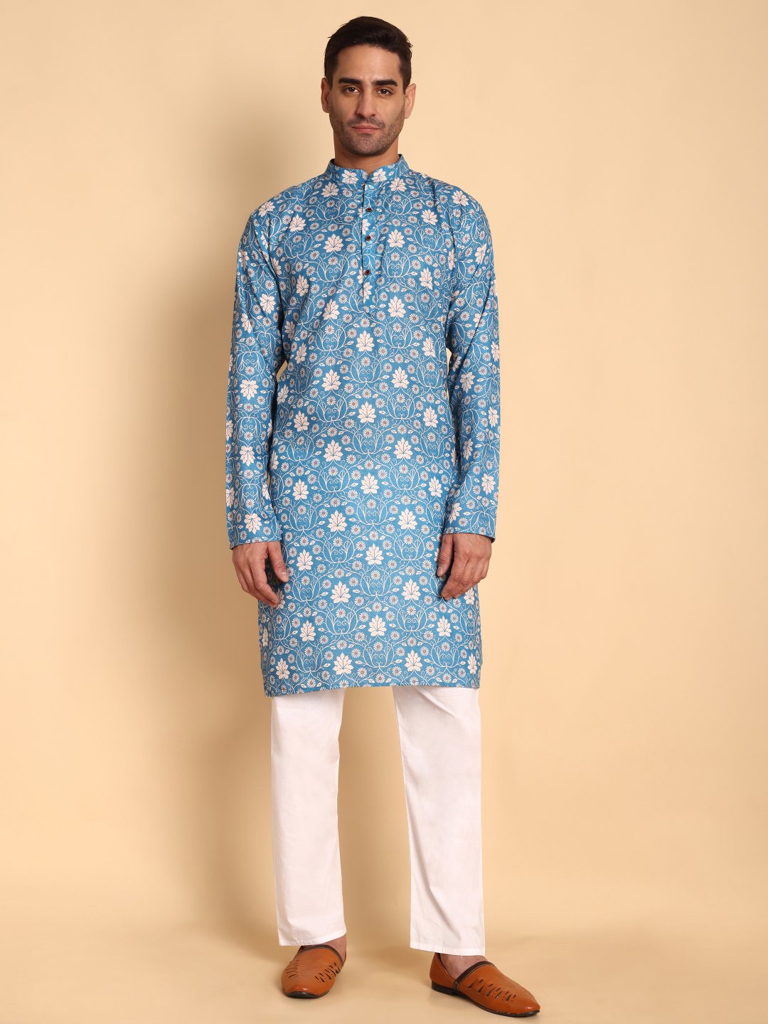 Blue Vintage Floral Printed Cotton Kurta Pyjama