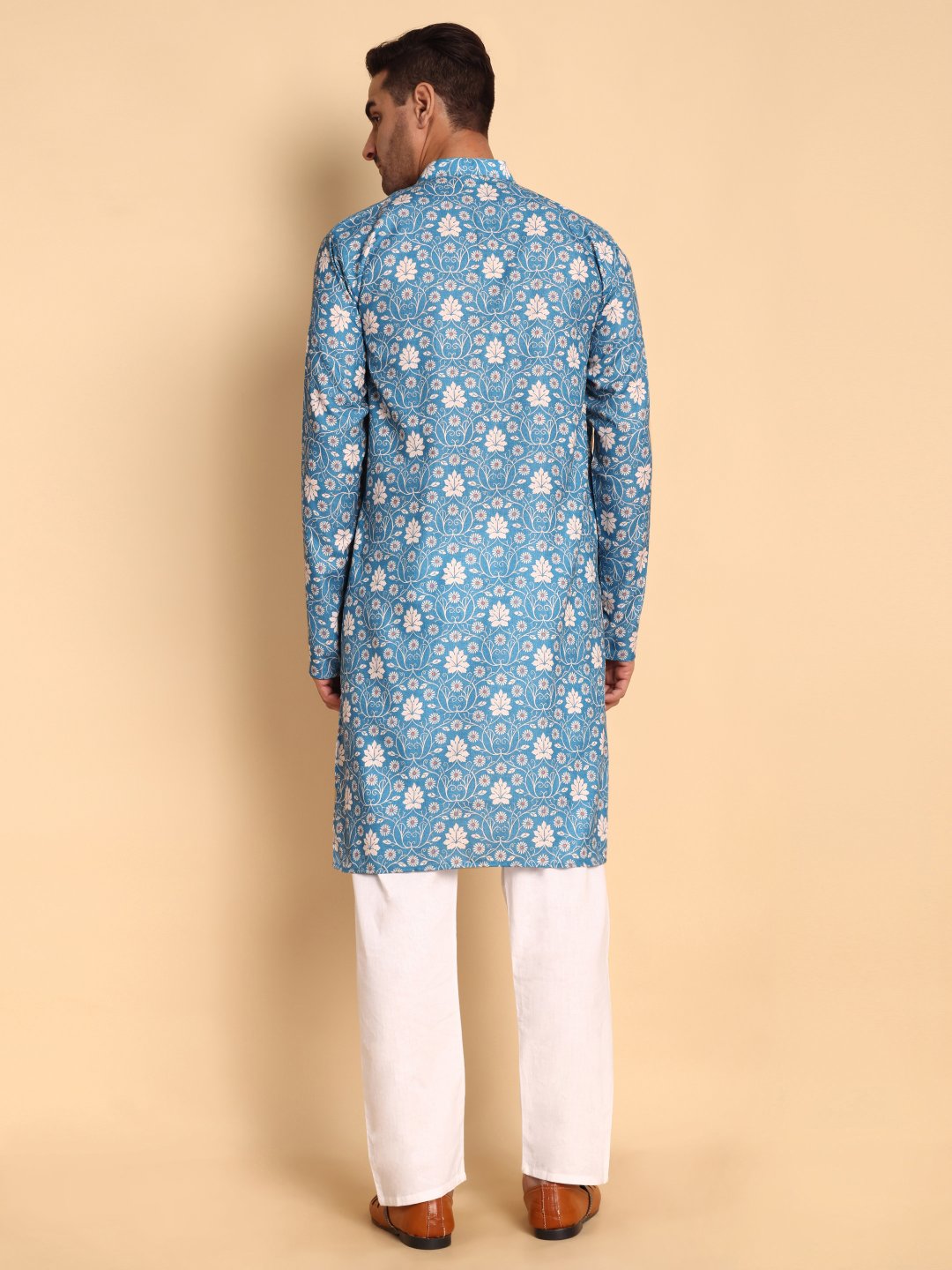 Blue Vintage Floral Printed Cotton Kurta Pyjama — alternate view