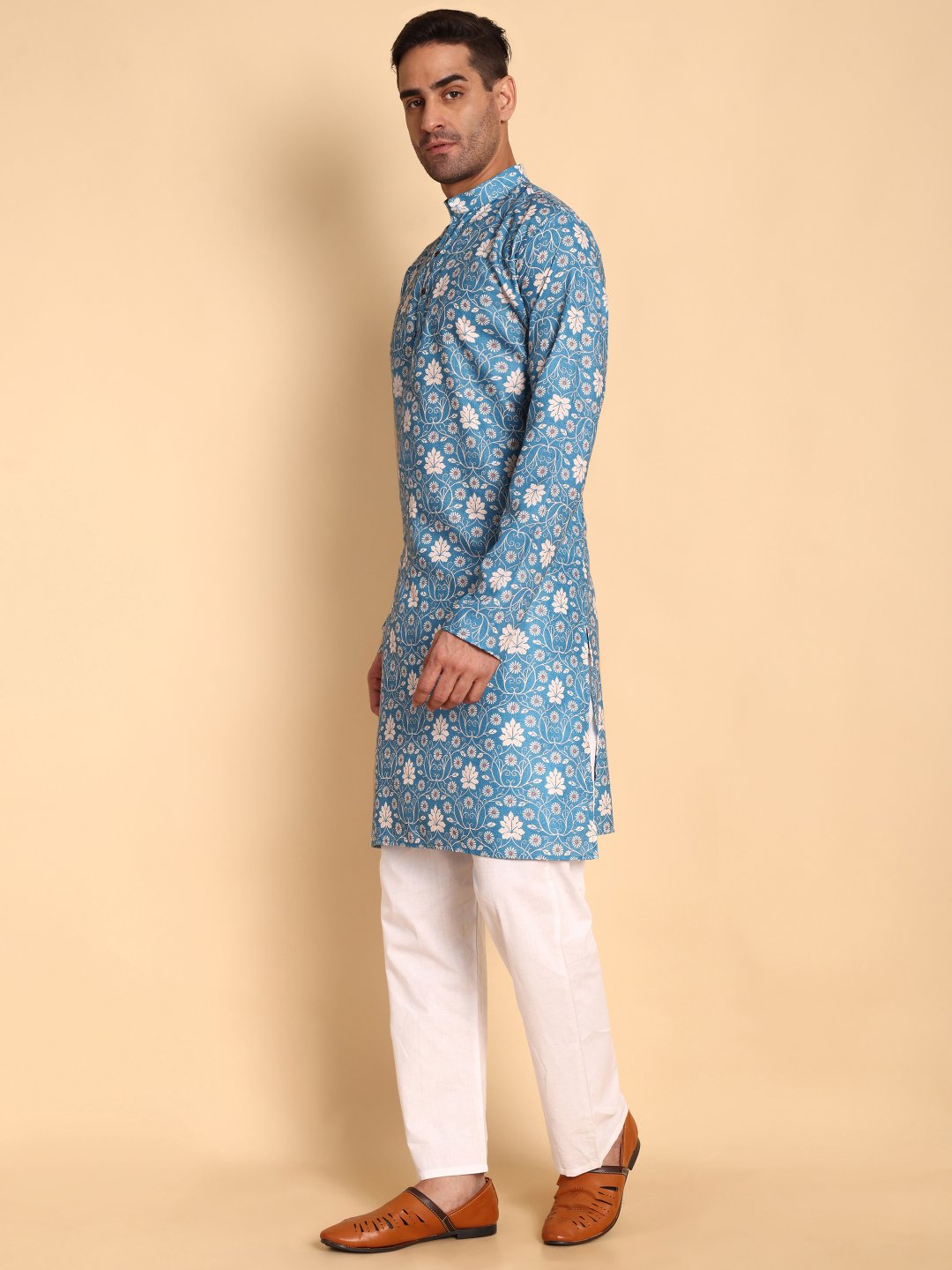 Blue Vintage Floral Printed Cotton Kurta Pyjama