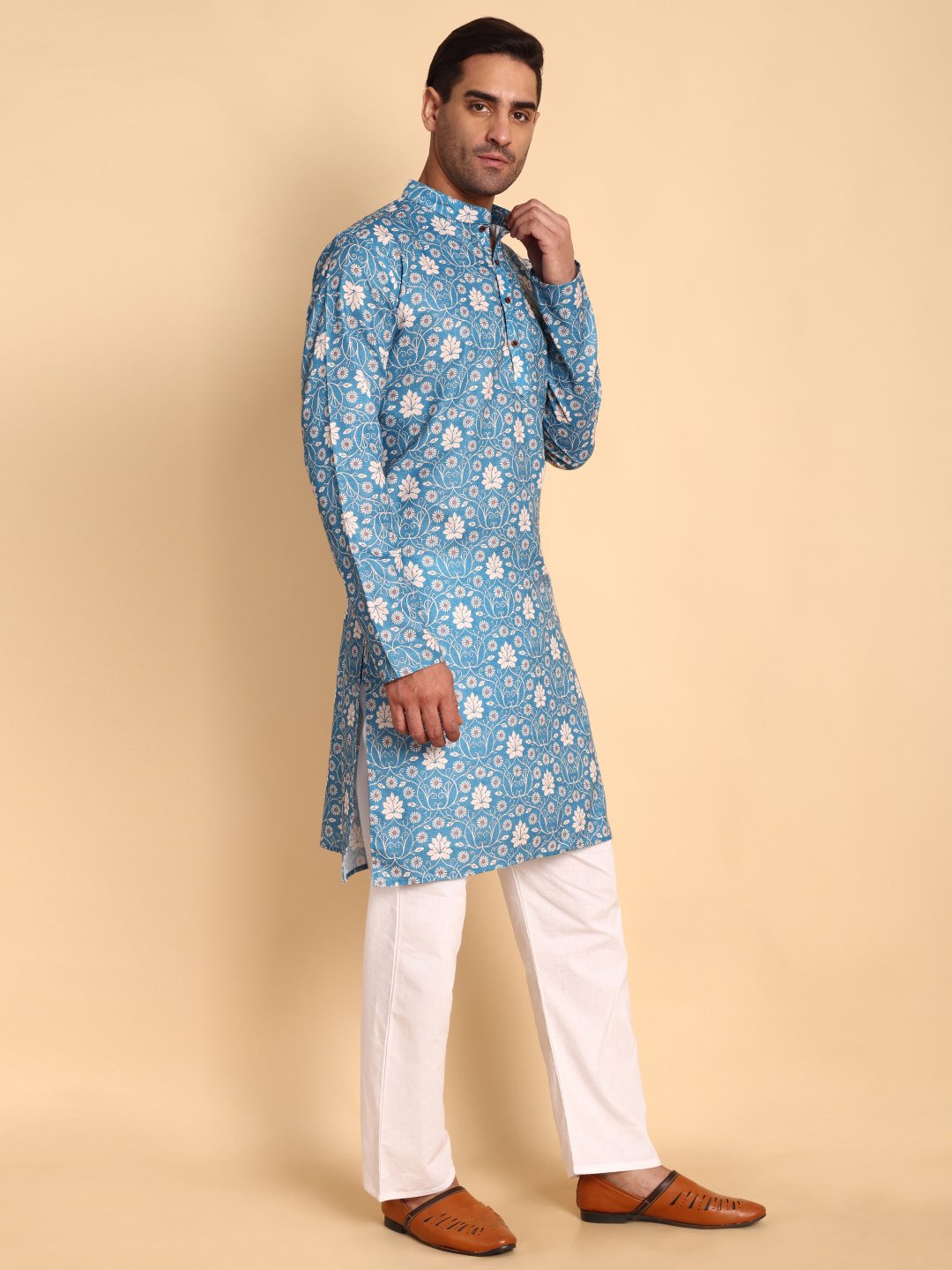 Blue Vintage Floral Printed Cotton Kurta Pyjama
