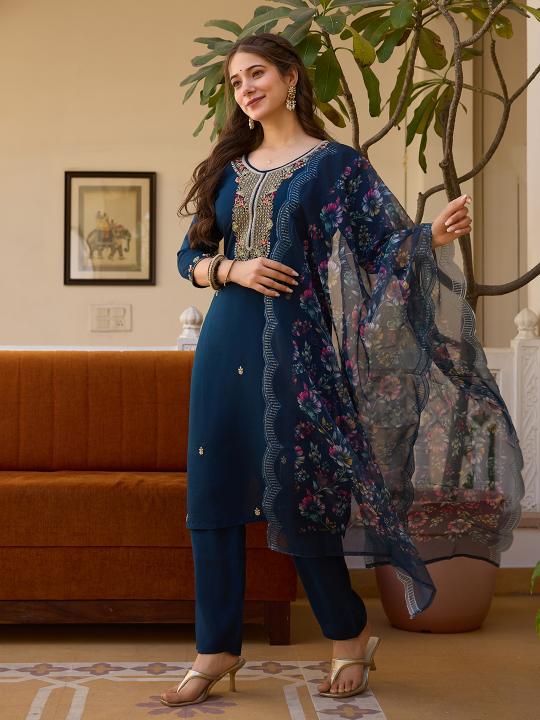 Blue Viscose Chanderi Readymade Suits