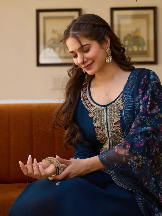 Blue Viscose Chanderi Readymade Suits