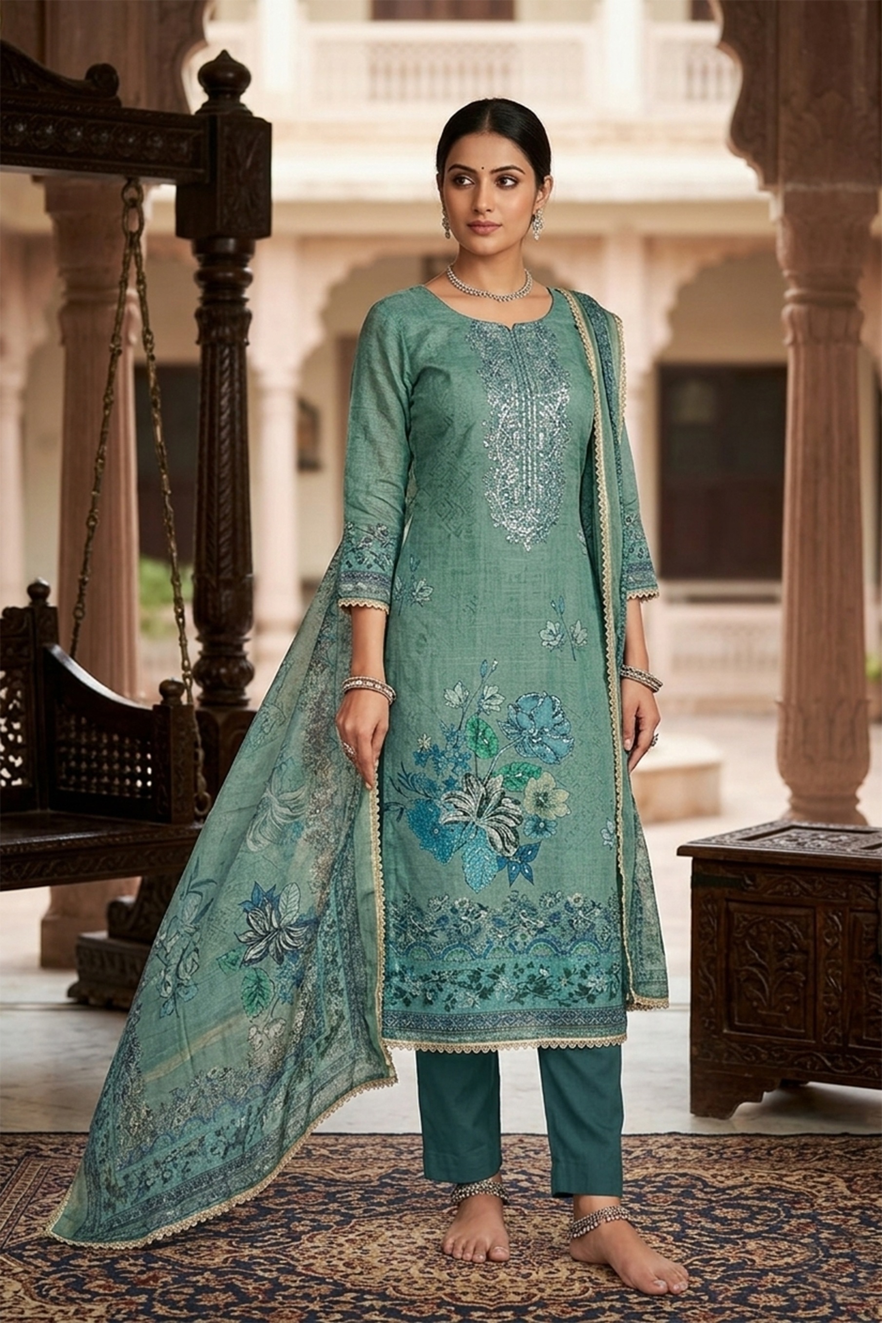 Blue Viscose Modern Contemporary Printed Straight Pant Suit