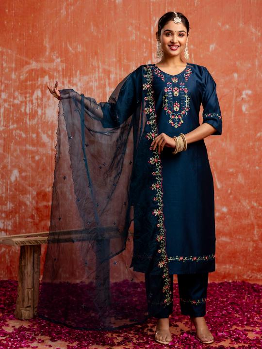 Blue Viscose Rayon Readymade Suit with dupatta