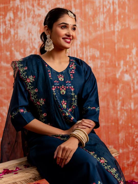 Blue Viscose Rayon Readymade Suit with dupatta