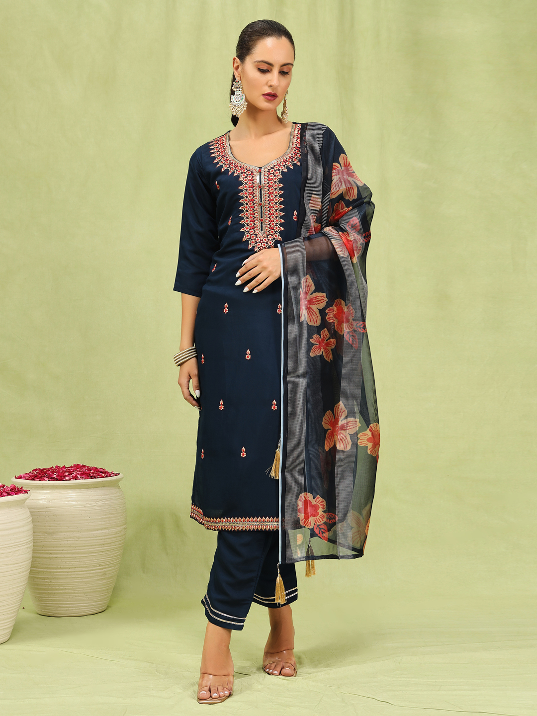 Blue Viscose Roman Silk Embroidered Salwar Suit