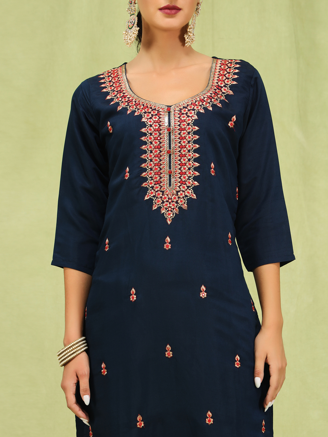 Blue Viscose Roman Silk Embroidered Salwar Suit