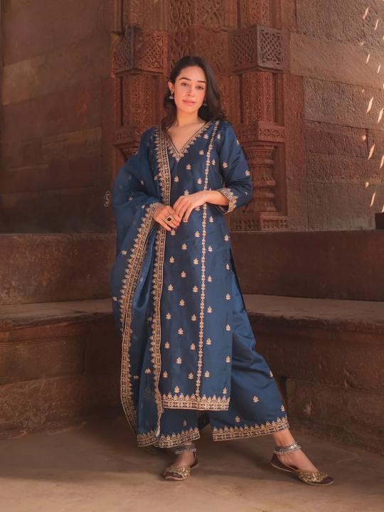 Blue Viscose silk Readymade Suits