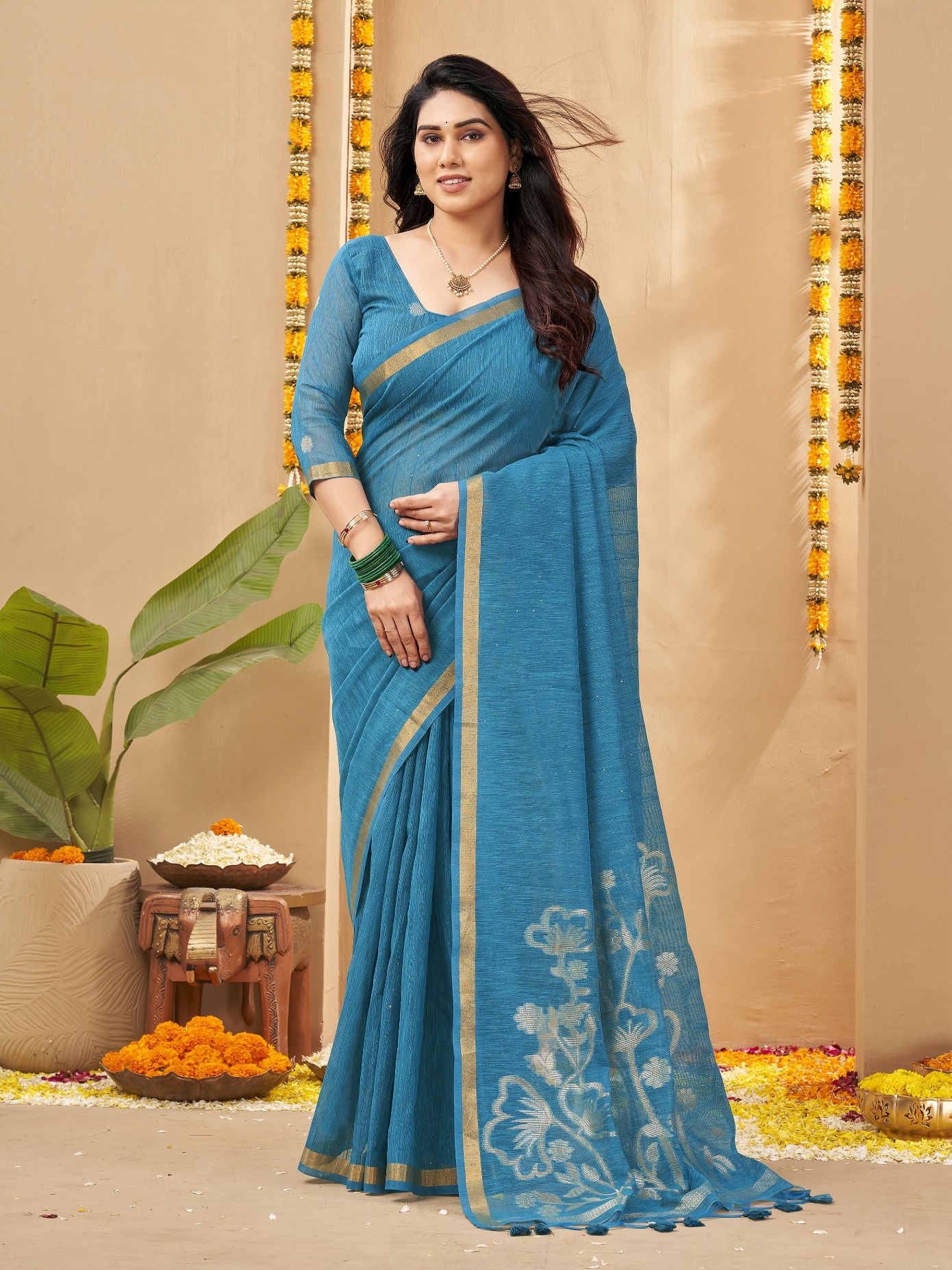 Blue Weaving Zari Linen Silk Saree
