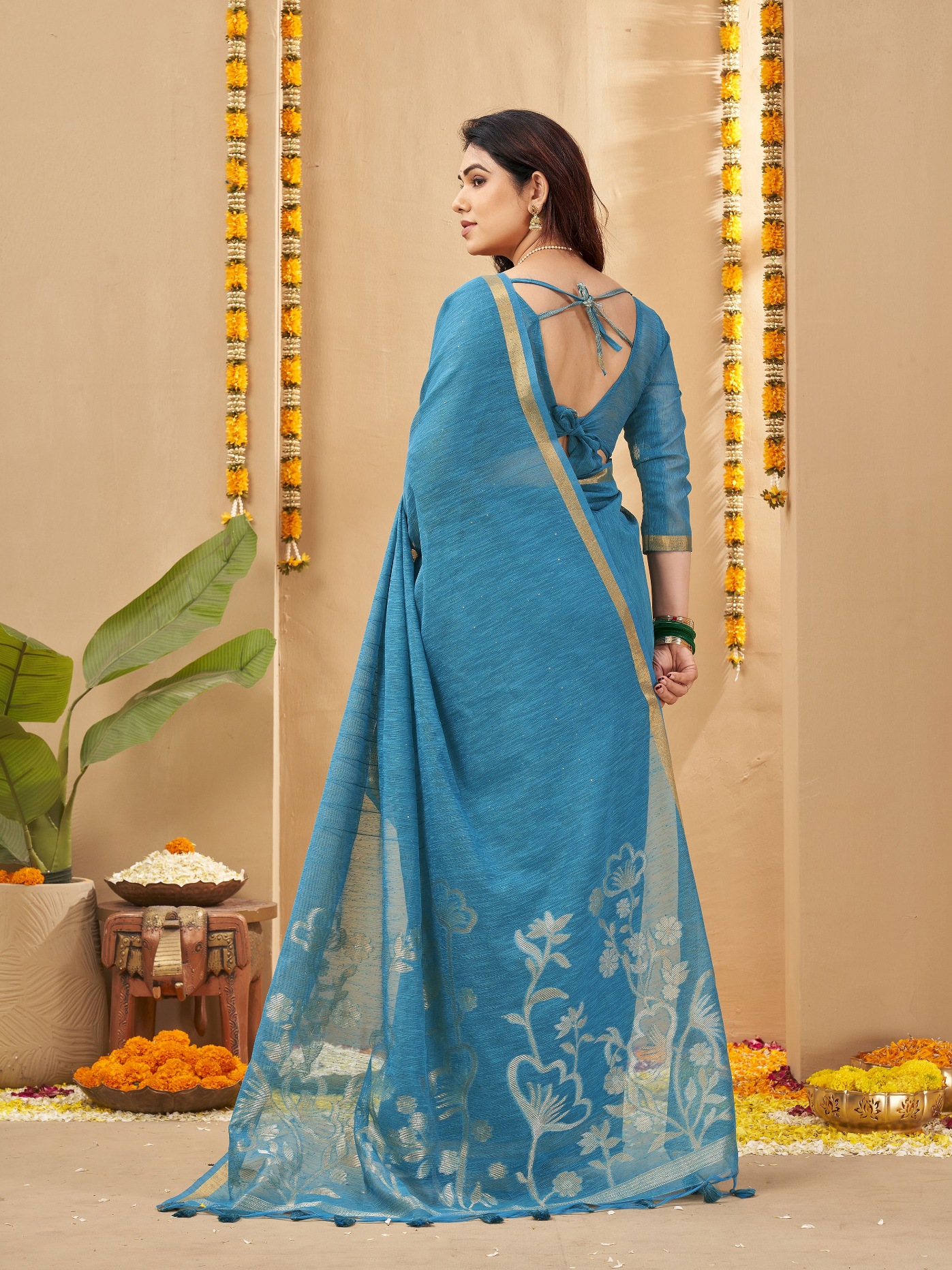 Blue Weaving Zari Linen Silk Saree — alternate view